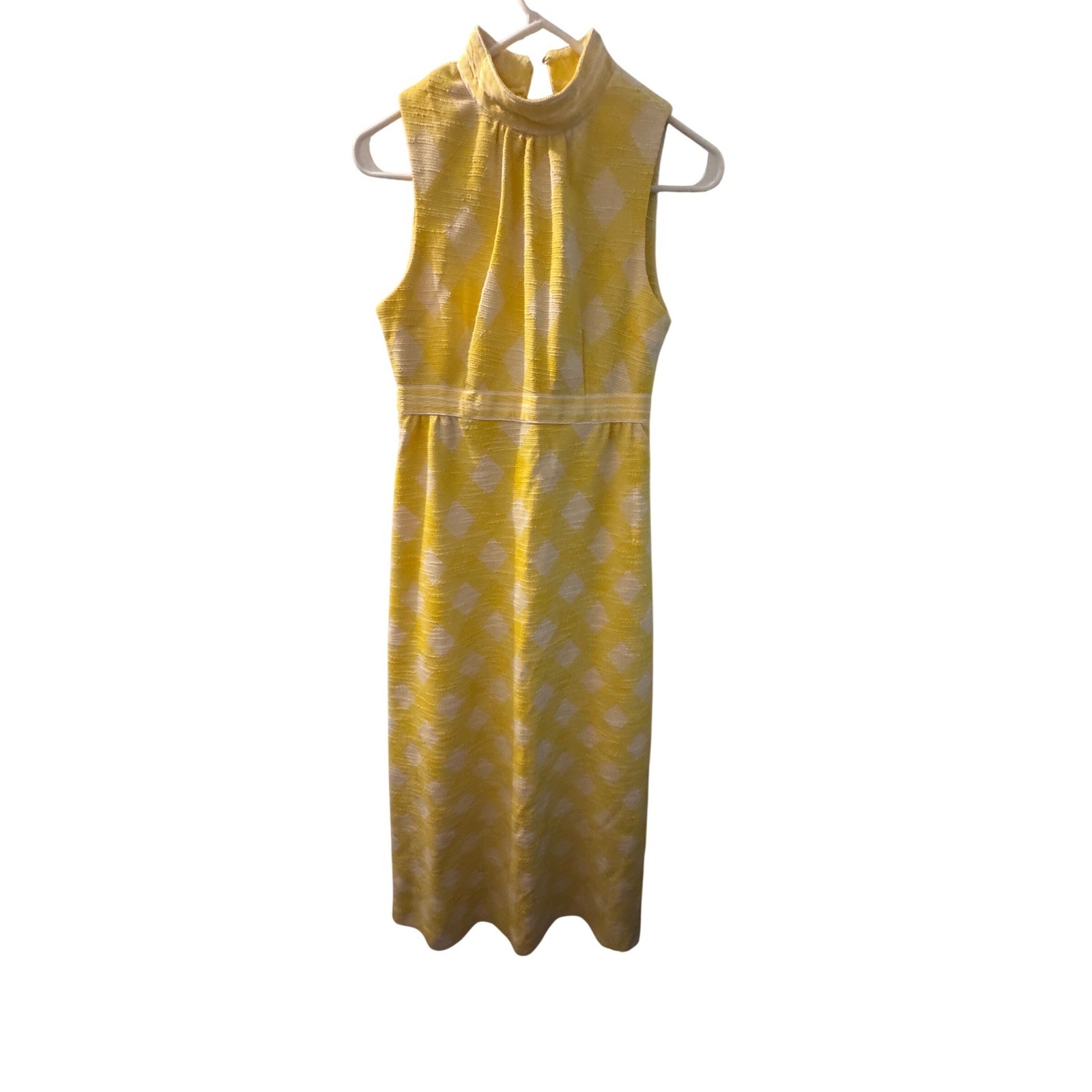Vintage Melissa Lane Yellow White Diamond Harlequin Mock Neck Dress M