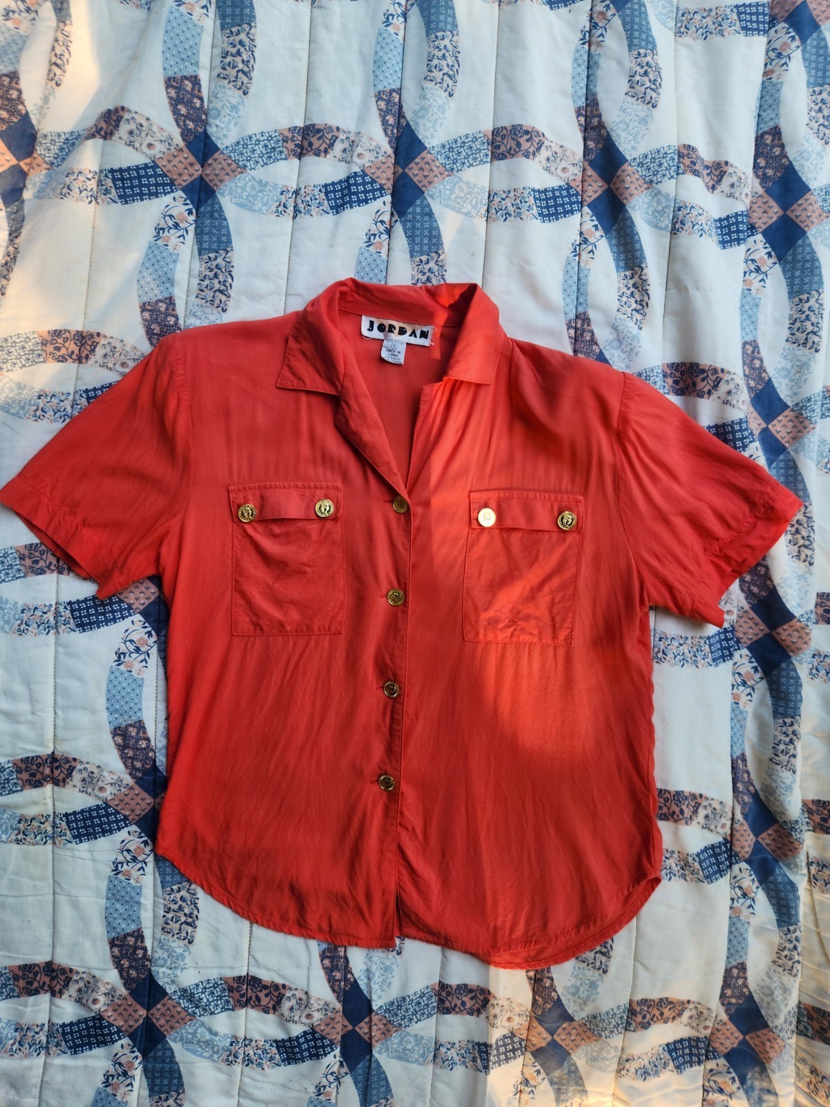 Vtg 80&rsquo;s JORDAN Orange Blouse Confedoederatio Helvetica 1973 Buttons