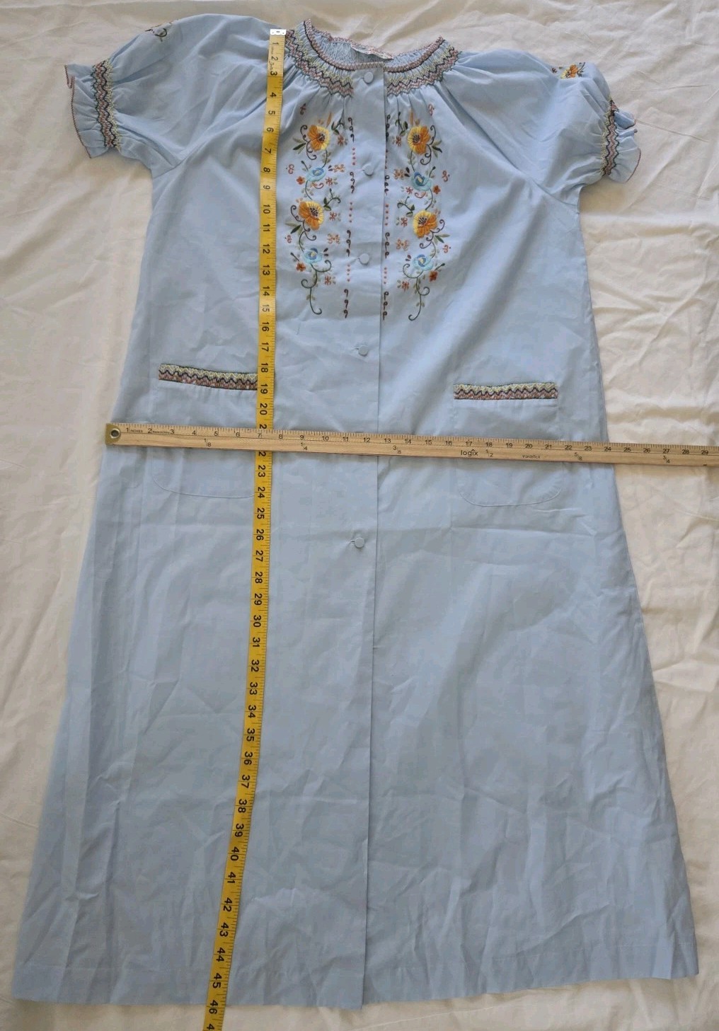 Vintage Peacock House Dress Blue Hand Embroidered Floral Smocked Pockets Size 38