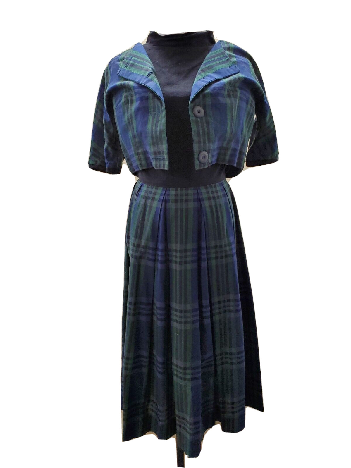 60s L&rsquo;Aiglon Plaid Dress and Bolero Jacket with Pleats. Size 12. Blue and Green