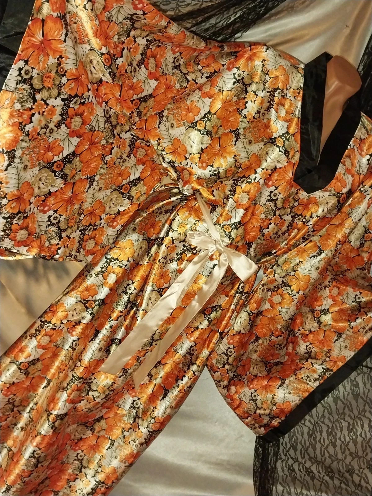 Vtg CAFTAN KIMONO SILVER ORANGE FLORAL LIQUID BALLON MAXI LONG DRESS GOWN 46 48