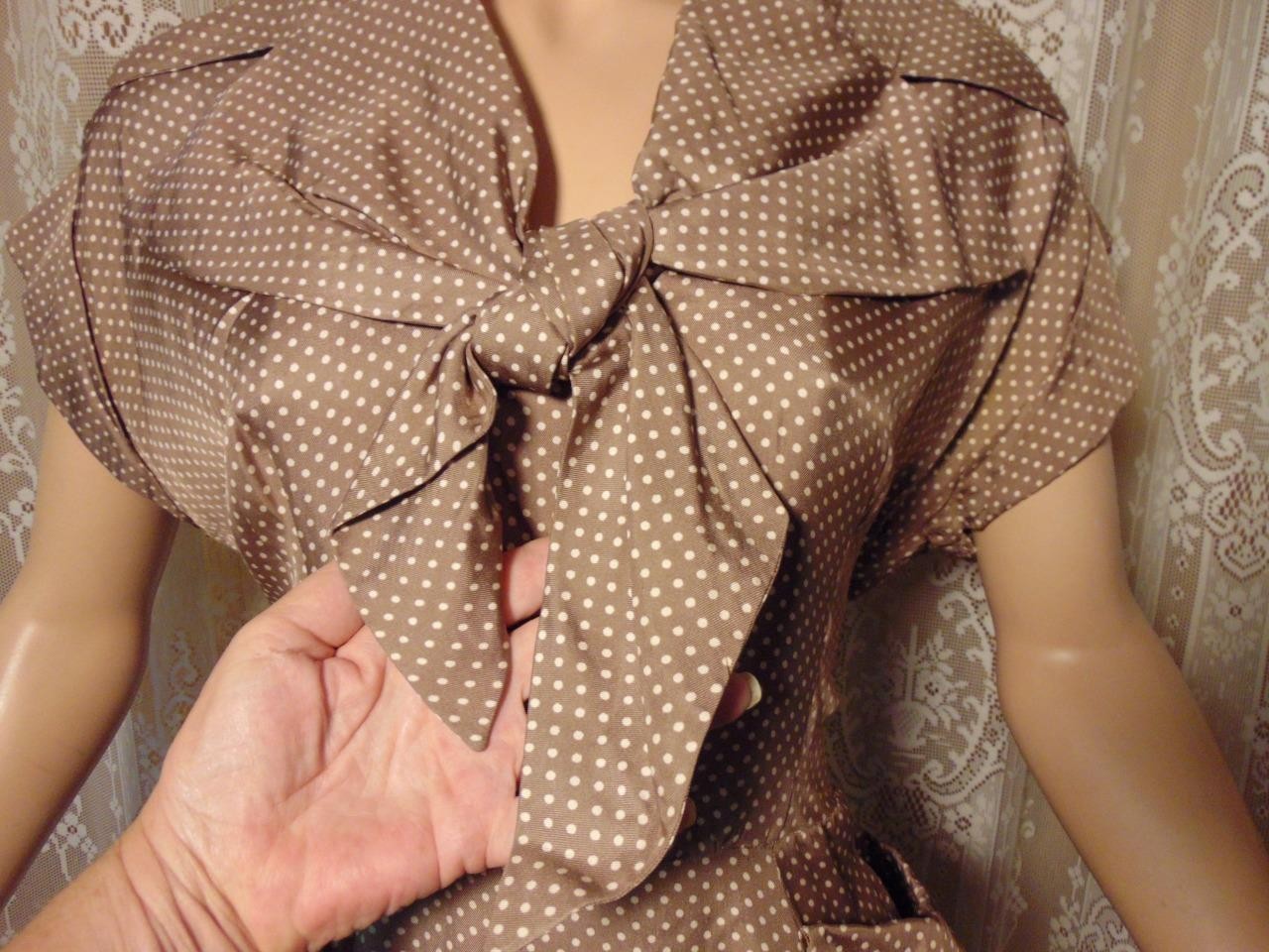 VTG 50s Heim Actualite (Jacques Heim) France Brown Silk Polka Dot Dress 29W