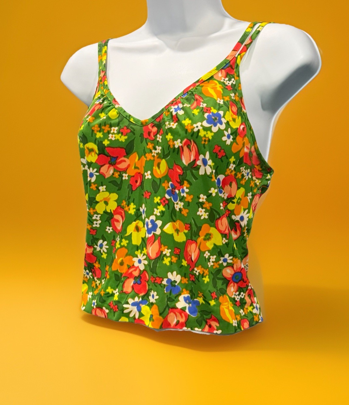 Vtg 70’s Maille de France Shocking Diffusion Disco Daywear Green Floral Tank