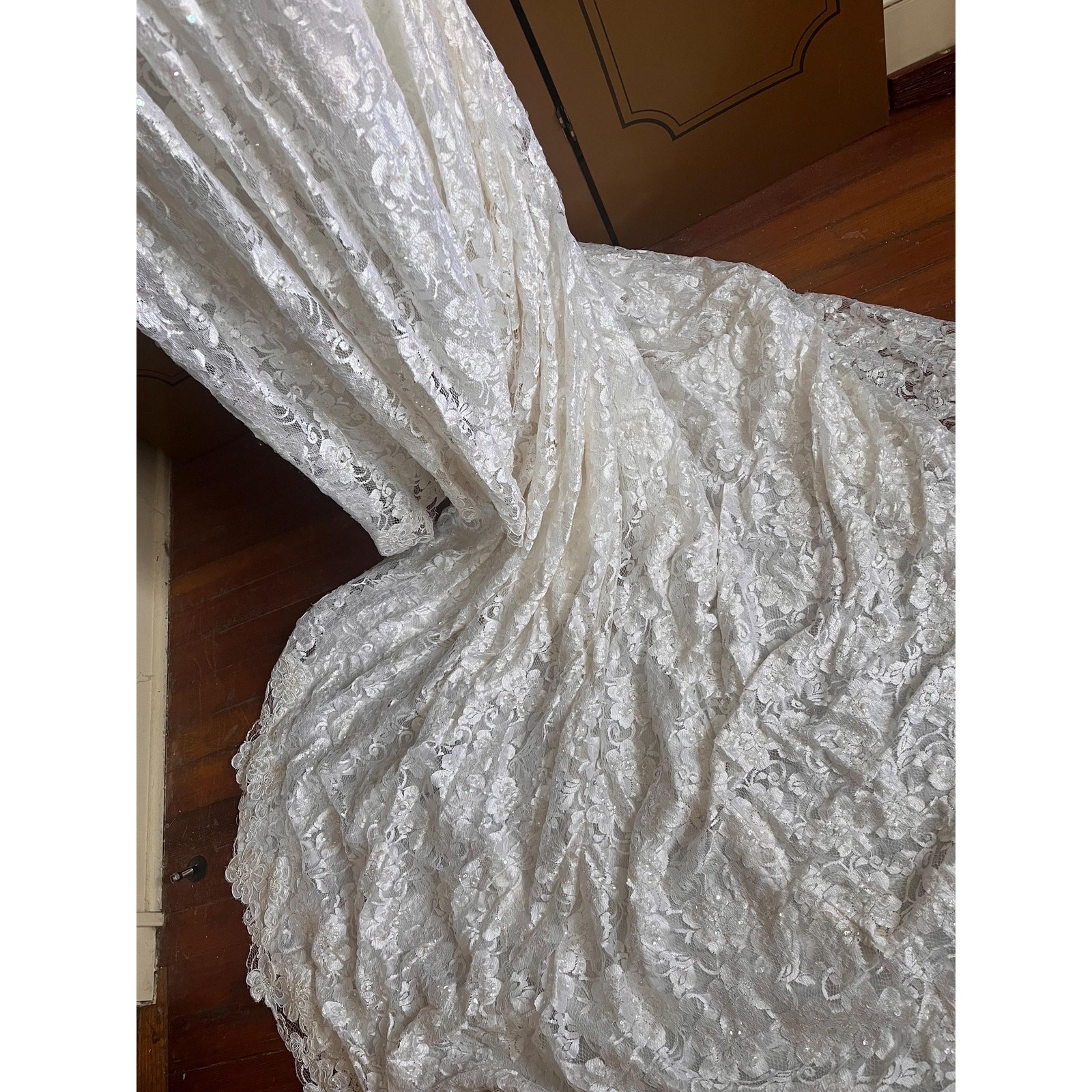 Vintage wedding gown with lace, beads, sequins and train