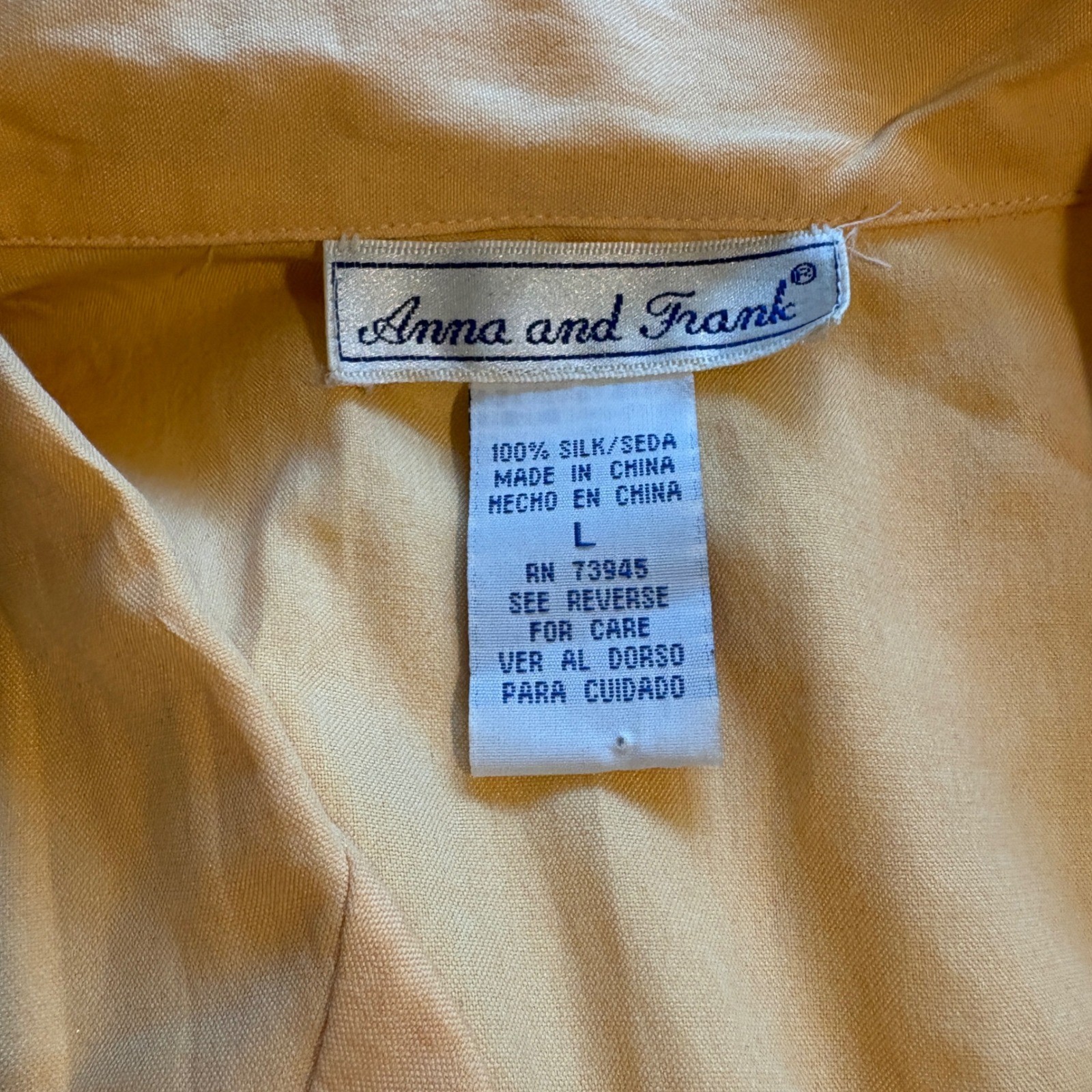 Anna & Frank Vintage 100% Silk Short Sleeve Button Up Shirt Orange Sz L Tie Back