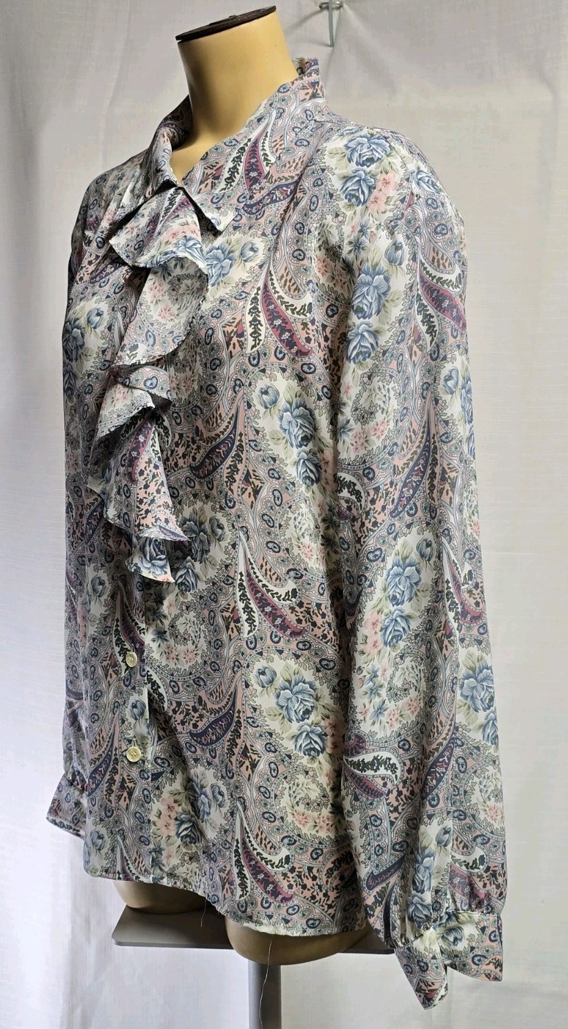 Vtg 70’s Alfred Dunner Blouse Collared With Ruffles Long Sleeve Paisley Sz 16