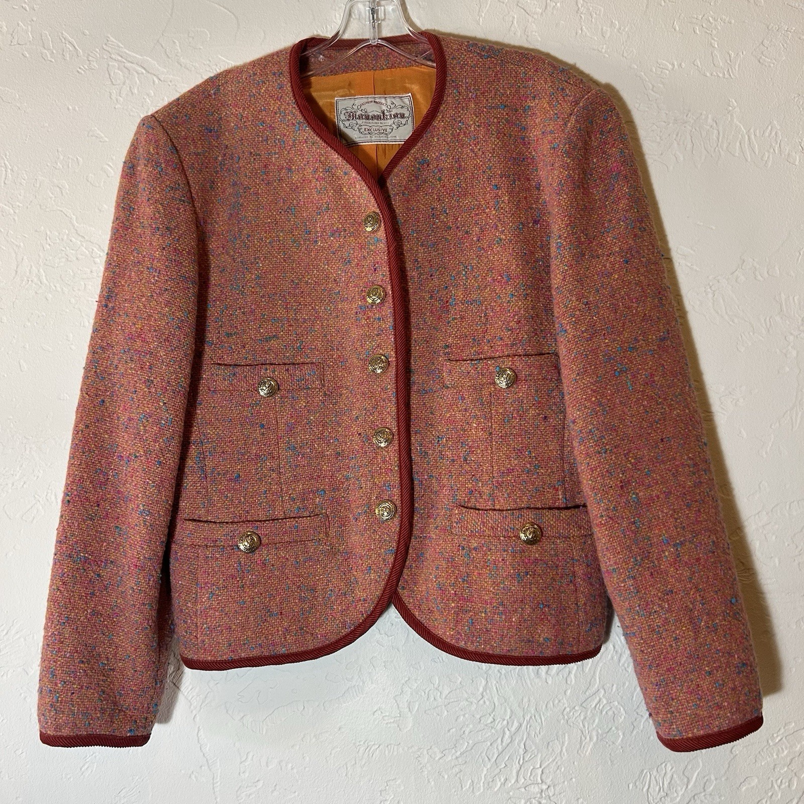 Vintage Manoukian Paris Wool Tweed Jacket 42 Made in France Boucle Blazer Orange