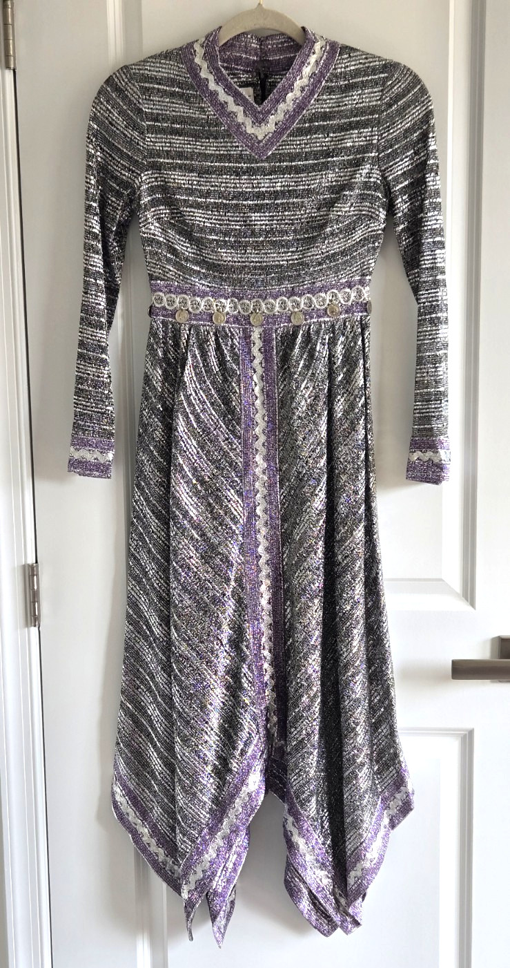 VTG 60s 70s Eloise Curtis Purple/Gray Metallic V-Neck Dress Zigzag Hem Sz S W38