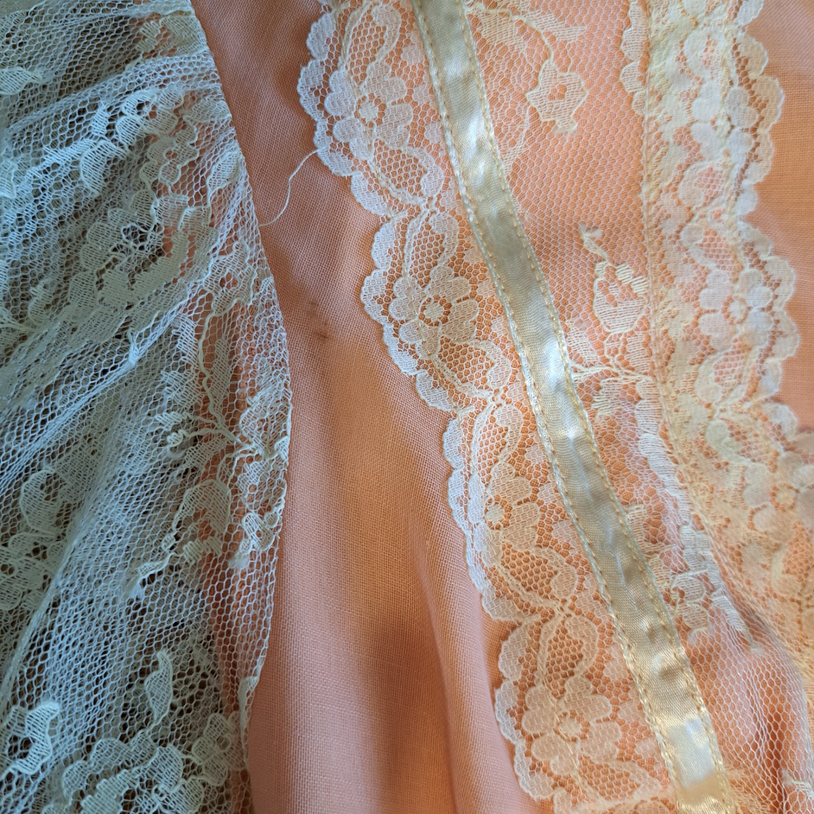 Vtg 70s Peach Chiffon Lace Prairie Granny Victorian Prom Maxi Gown Sz 7/8 Flaws