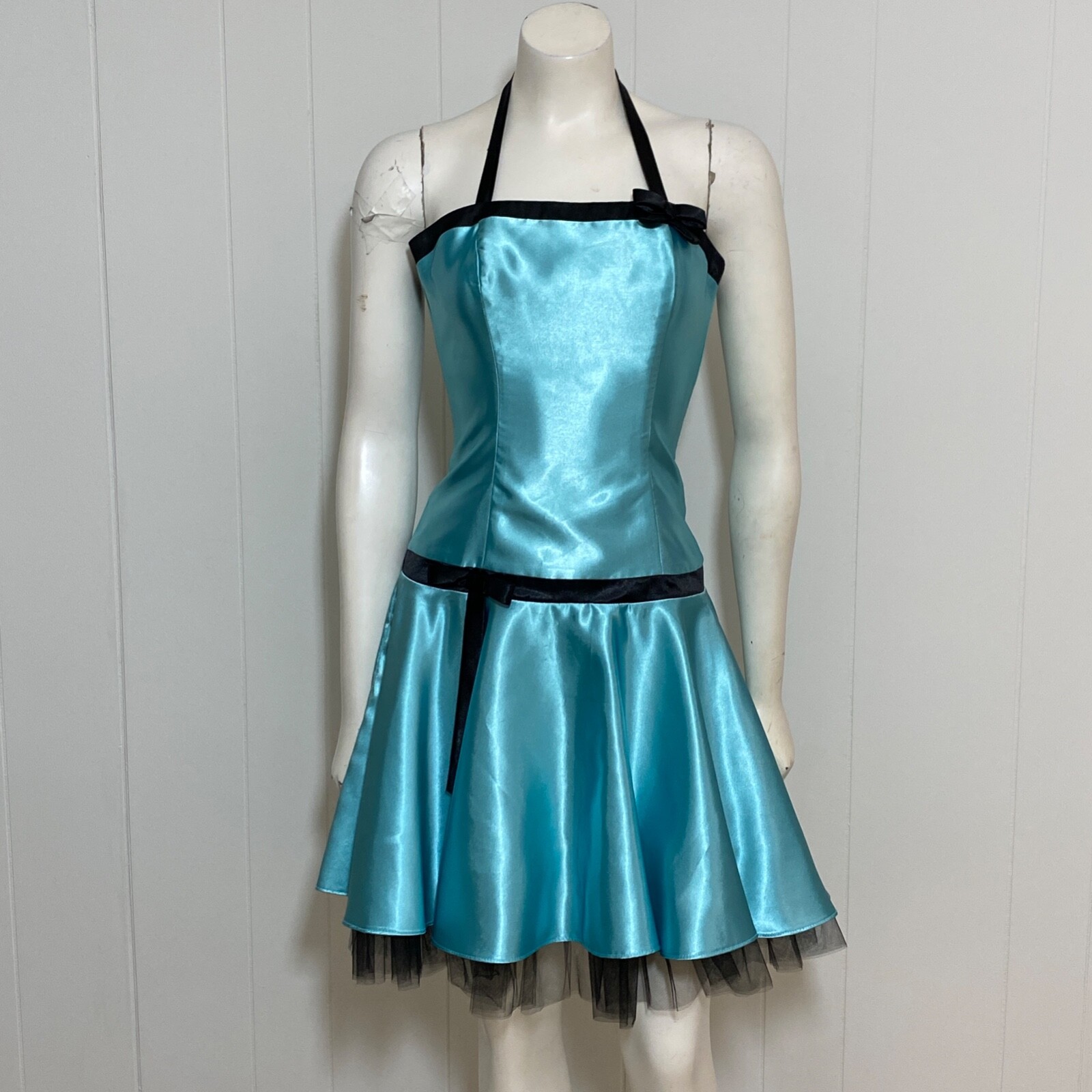 Jessica McClintock for Gunne Sax Dress Juniors 1 Blue Satin Black Trim Bows