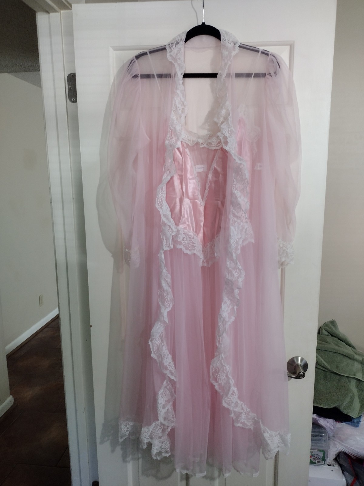 L-XL Vintage Fredericks Pink Sheer Chiffon Peignoir Set Empire Satin Bodice
