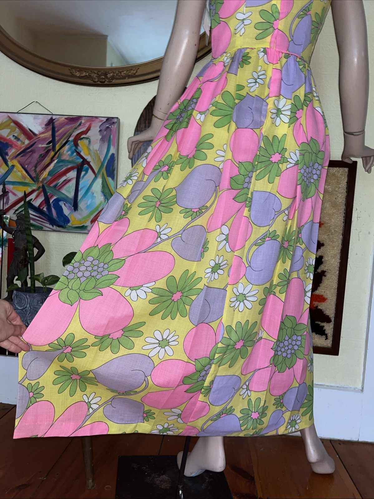 Vintage 60s 70s NOS psychedelic Mod Neon Floral Maxi Dress 2 Piece Head wrap