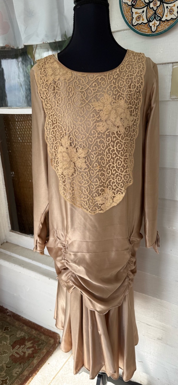 Antique 1920s Tan Silk Flapper Dress With Lace Yoke AS IS TLC Size M