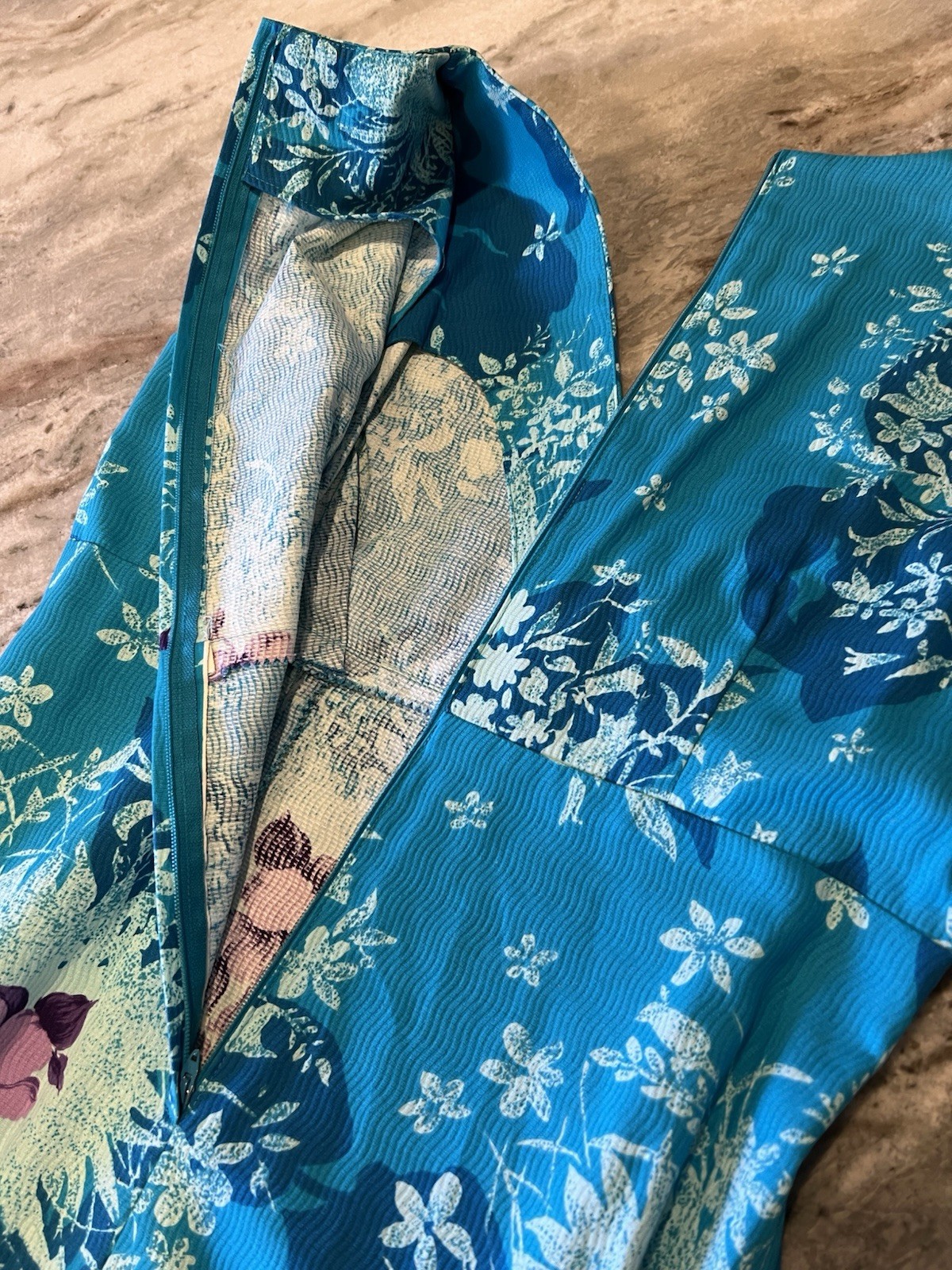 VTG Sears Hawaiian Fashions Maxi Dress Blue Floral Tiki Textured VTG Size 16