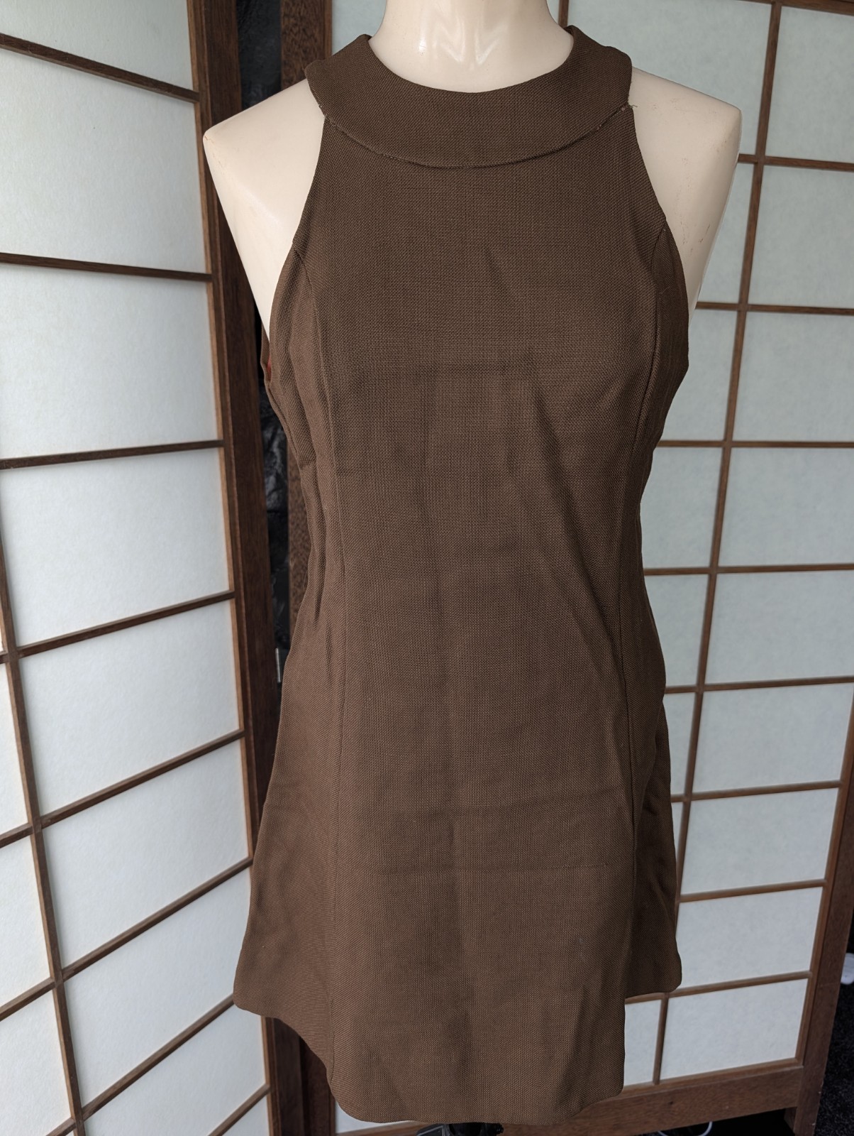 Vintage Brown Tweed Mini Dress Summer Sun Halter Open Back 1970s ILGWU Sz XS