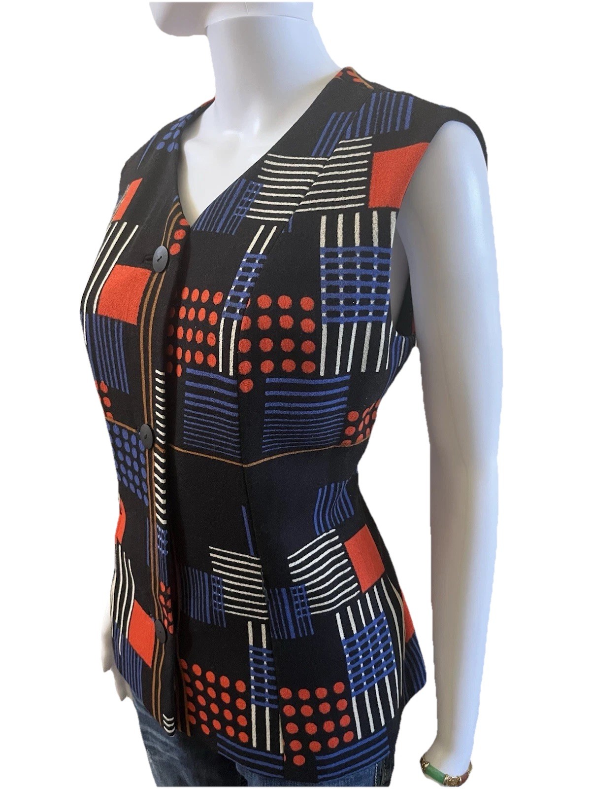 Amen Wardy El Paso Black & Multicolor Vest Top Size 8 Crepe USA RARE 60s Vintage
