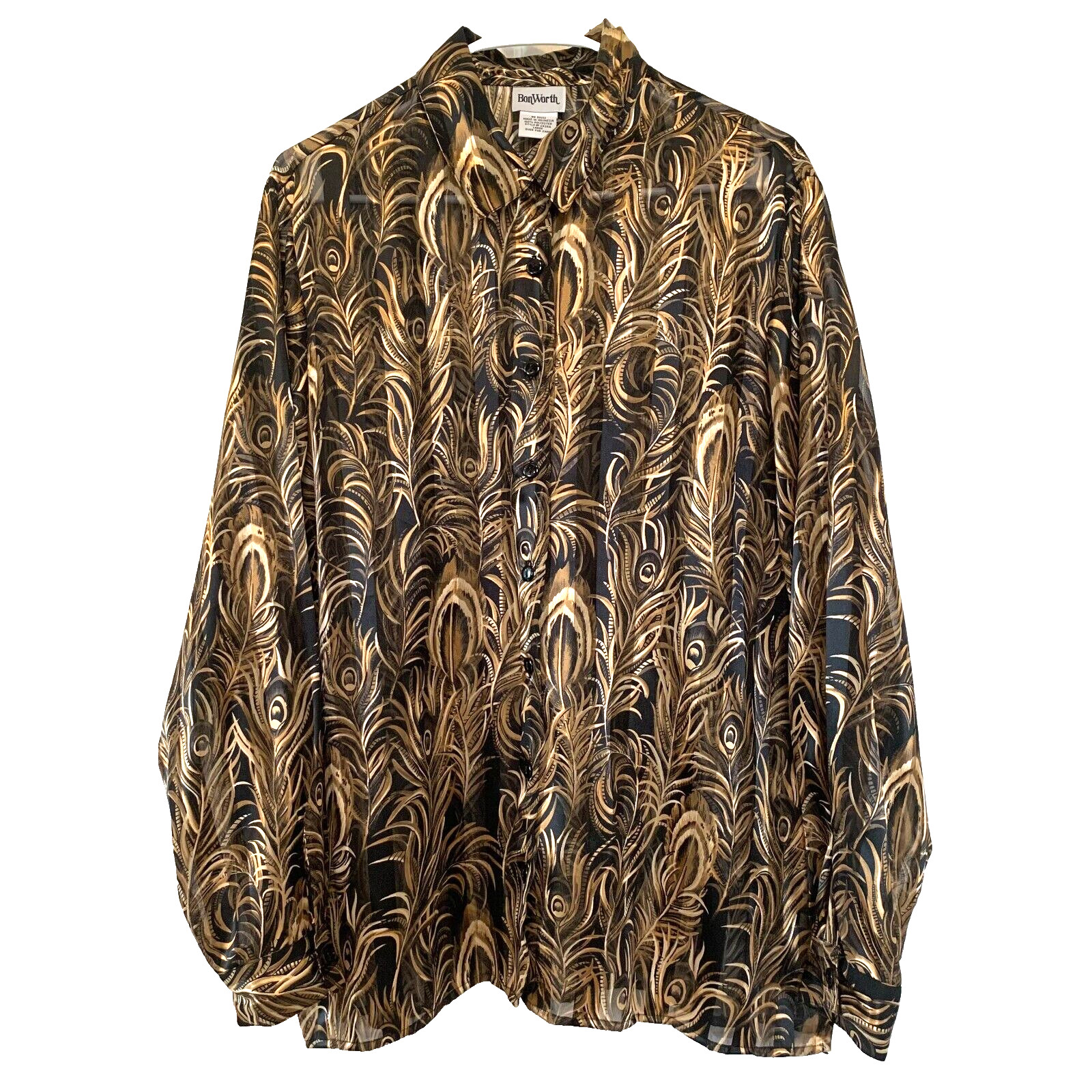 BonWorth Button-Up Sheer Shirt Womens L Collared Black Gold Floral Print VTG 70s