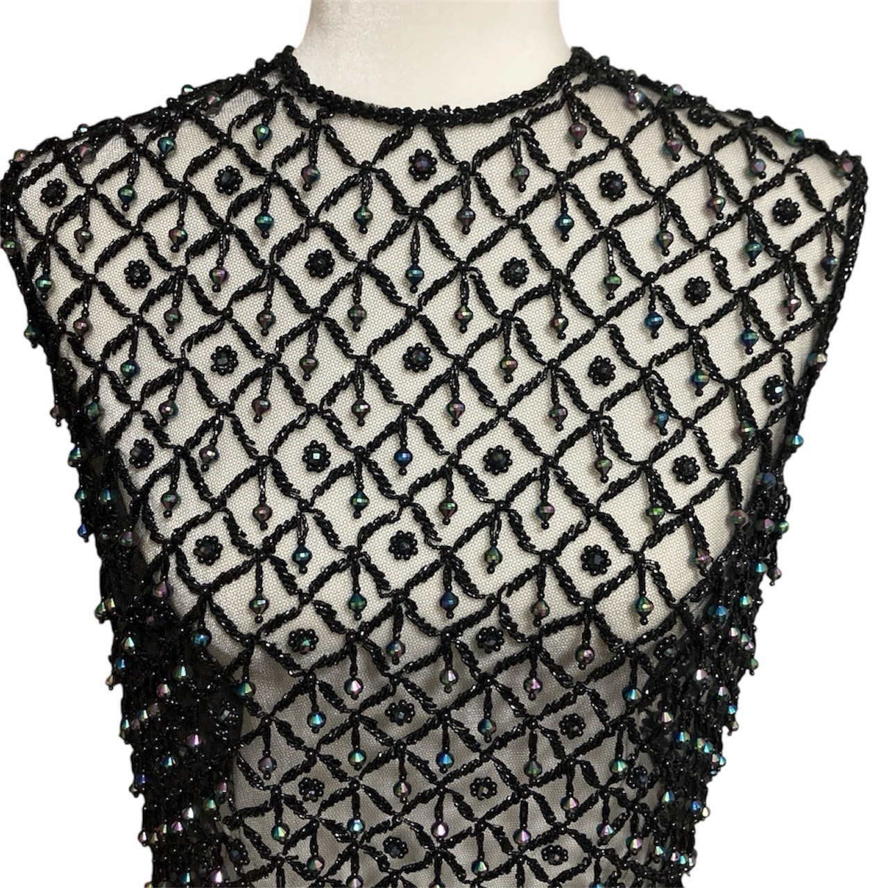 Vintage Handmade Beaded Mesh Iridescent Sleeveless Black Top