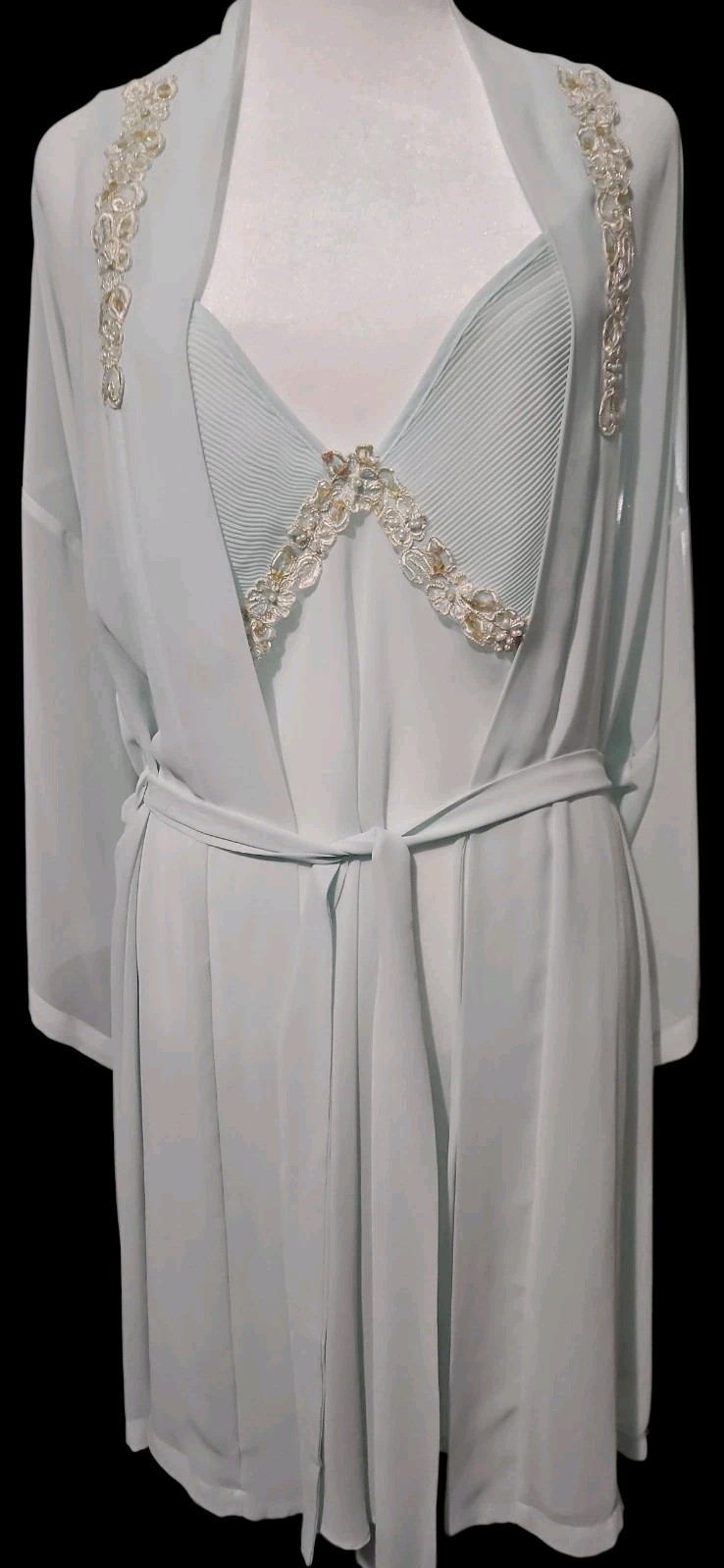 Vtg Expressions By California Dynasty Chiffon Seafoam Peignoir Babydoll Set Lg