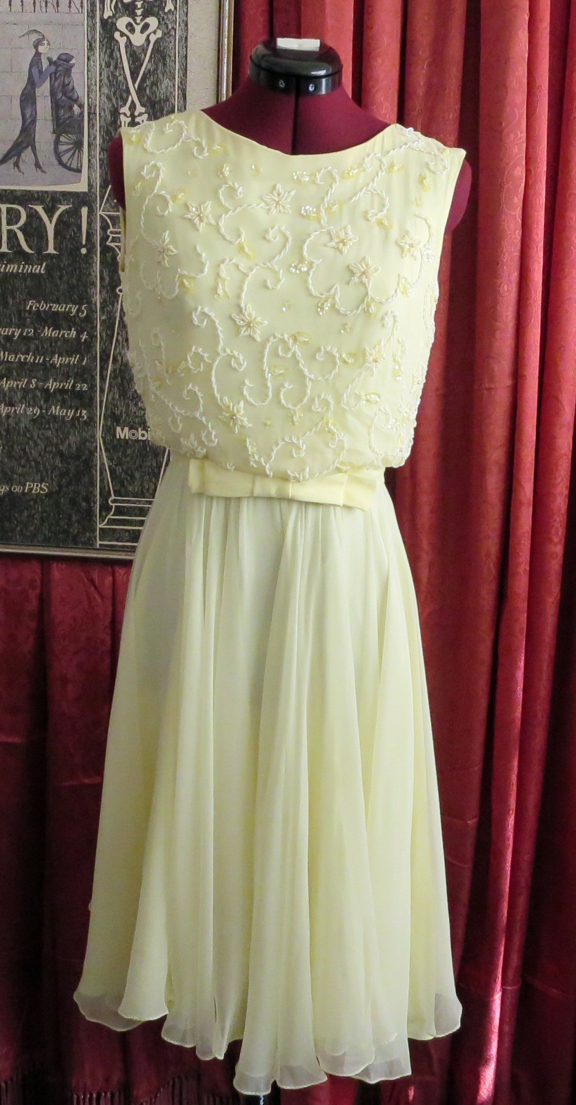 1960s Butter Yellow Beaded Floaty Chiffon Cocktail Party Dress I. Magnin XS