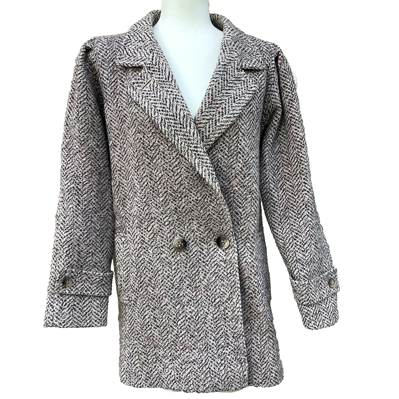 NYG New York Girl Jacket Coat Womens Medium Wool Gray Pink Herringbone Lined