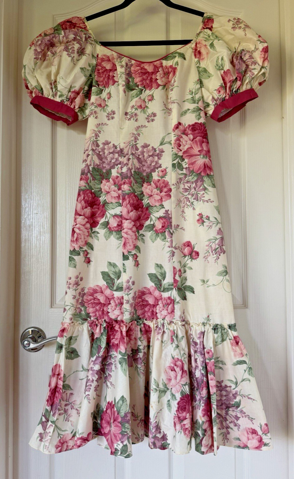 VTG 80&rsquo;s Hawaii Lola Jrs Women&rsquo;s Floral Roses/Lilacs Ruffle Midi/ Tea Dress Sz 7