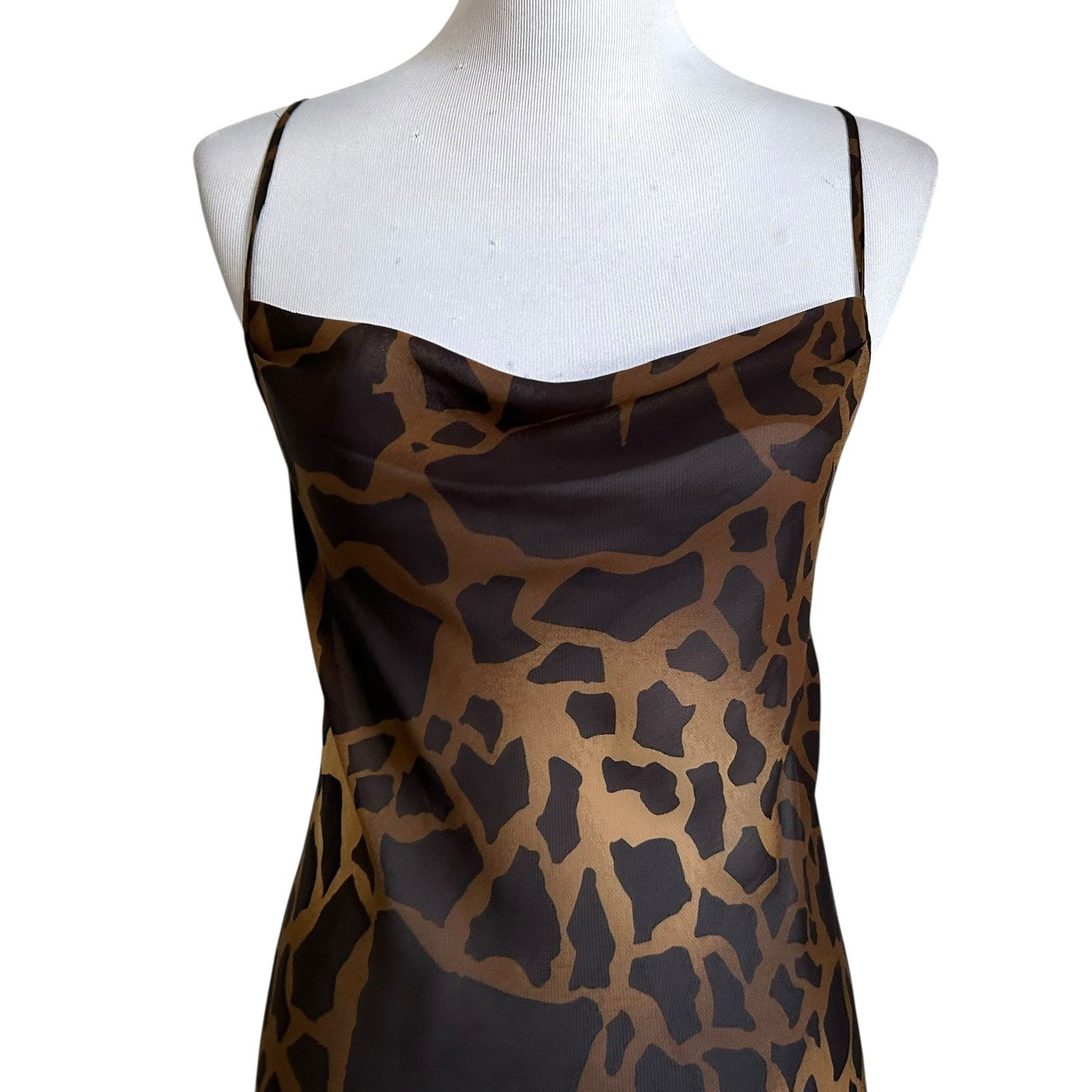 Vtg Y2K 90’s Asymmetrical Sleeveless Animal Print Semi Sheer Dress Small Brown
