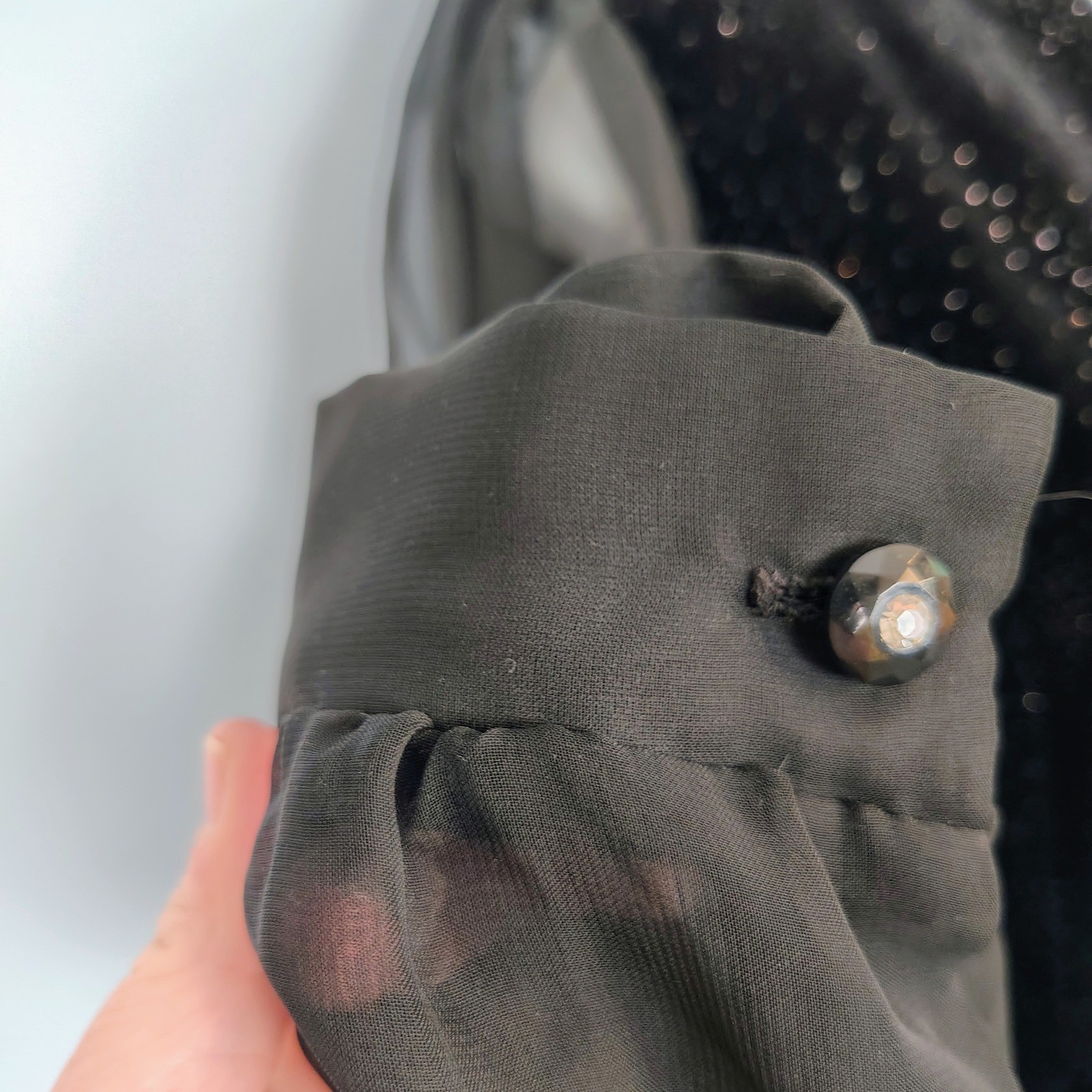 Another Thyme Vintage Black Velvet Sheer Sleeve Glitter Evening Blouse Top