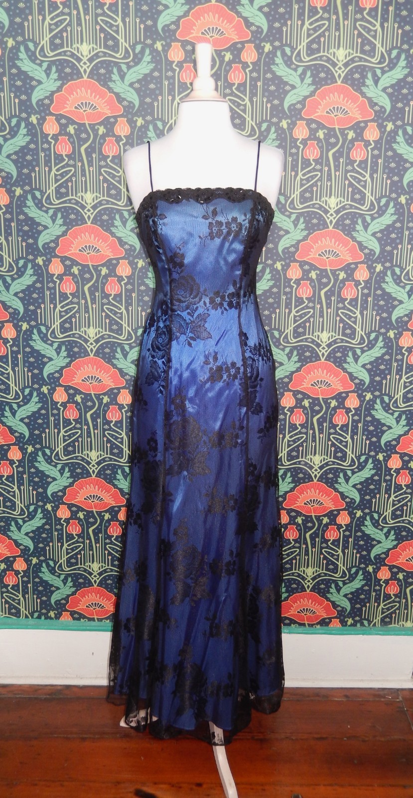 Vintage 90&rsquo;s Y2K Dress Blue Black Lace Whimsigoth Homecoming Prom XS