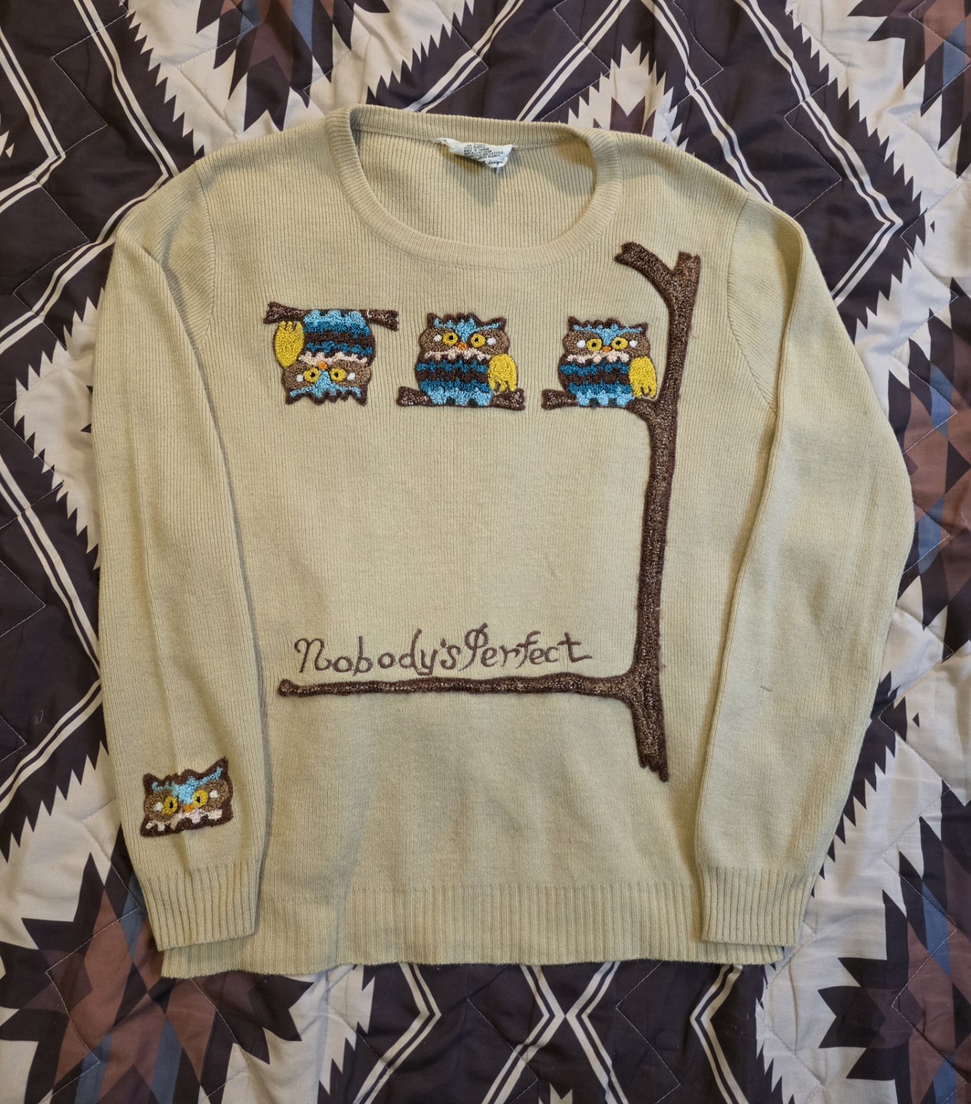 Vtg 70s Cyn Les Nobody&rsquo;s Perfect Owls Embroidered Sweater Beige Womens Large