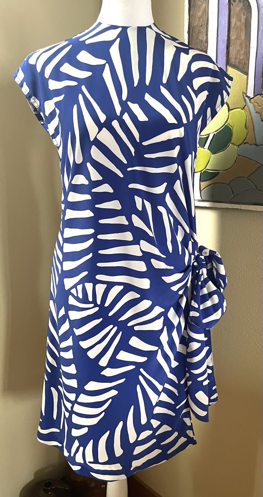 Vintage 80s Robbie Bee Blue Hawaiian Print Dress size M Cap Sleeve