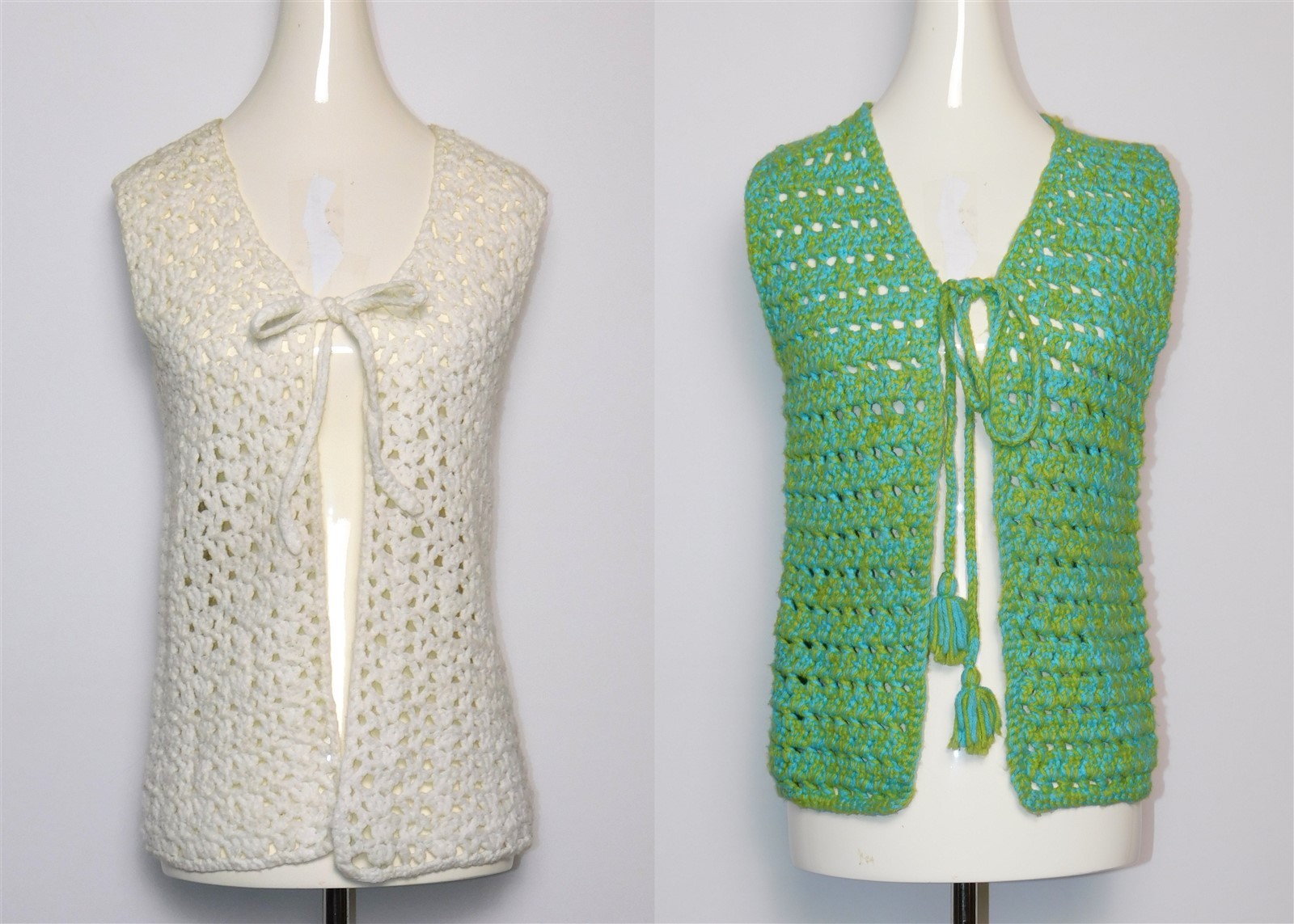2 Pcs Vtg 1960s Women&rsquo;s Ivory & Green Crochet Sweater Vest
