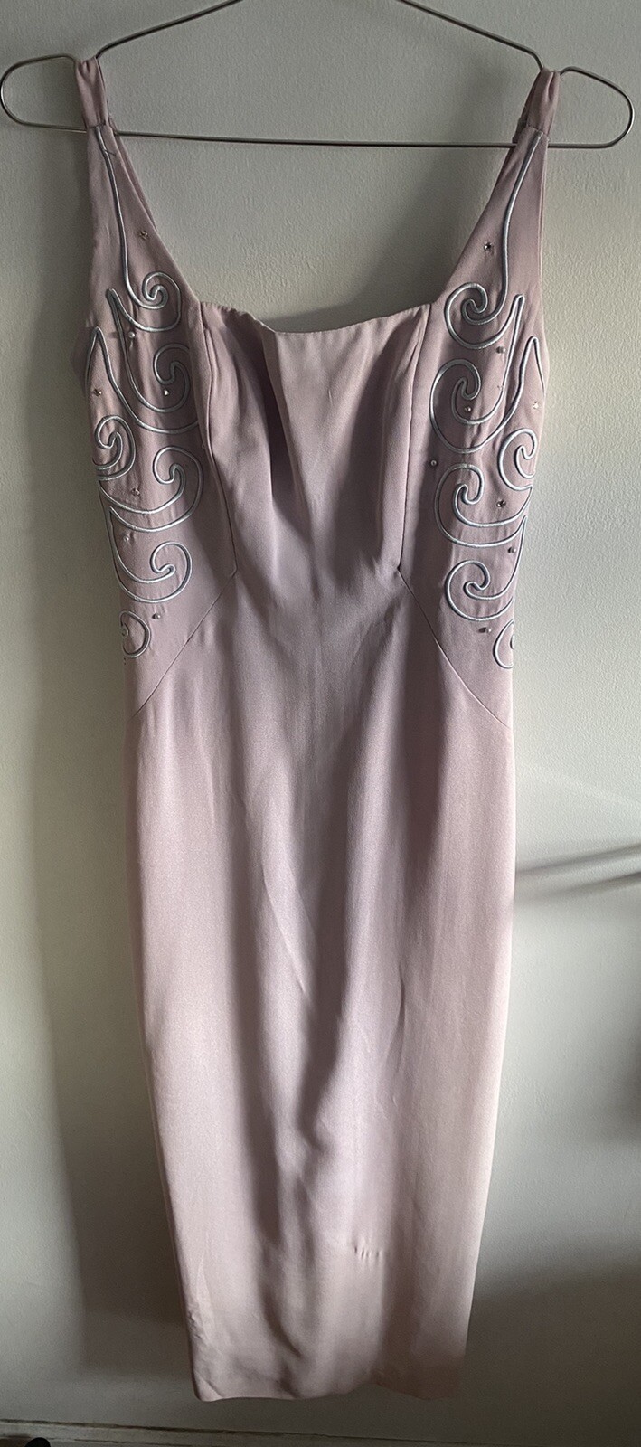 VTG Handmade Column Dress Lavender Built In Strapless Bra Rhinestone Detail S