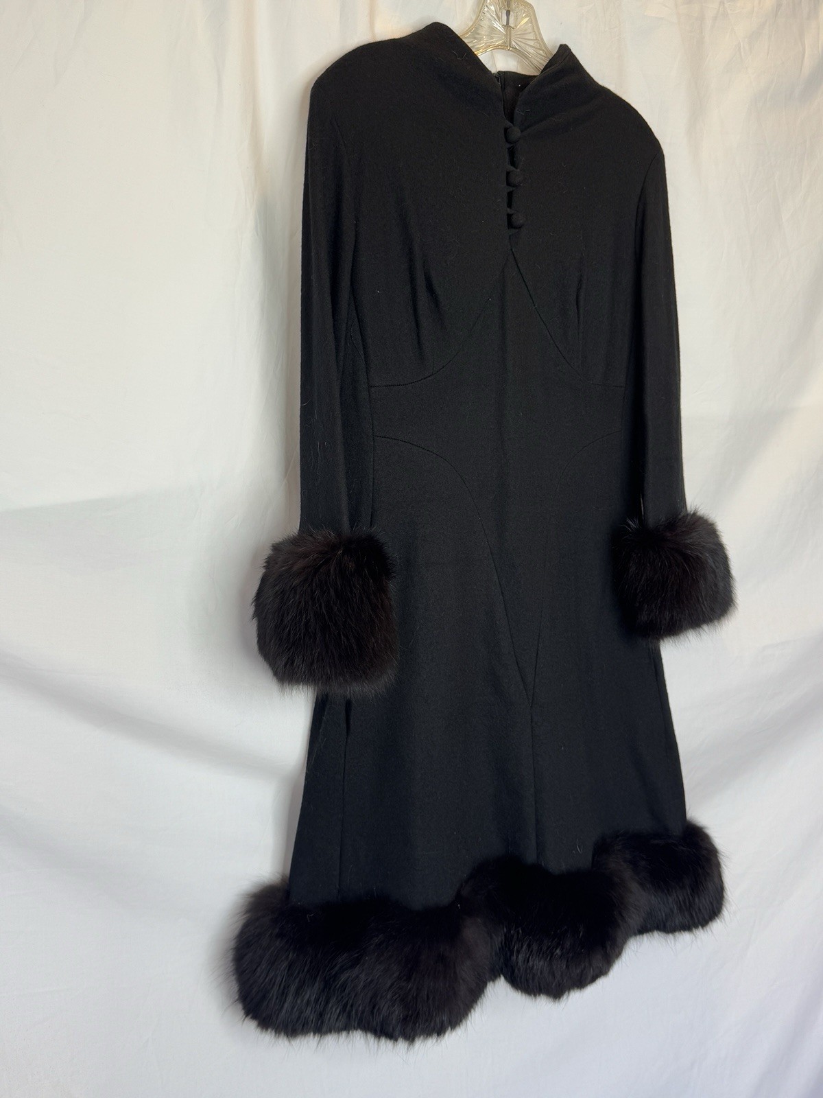 Sandi Monica Vintage Black Wool Coat Dress with Fur Trim