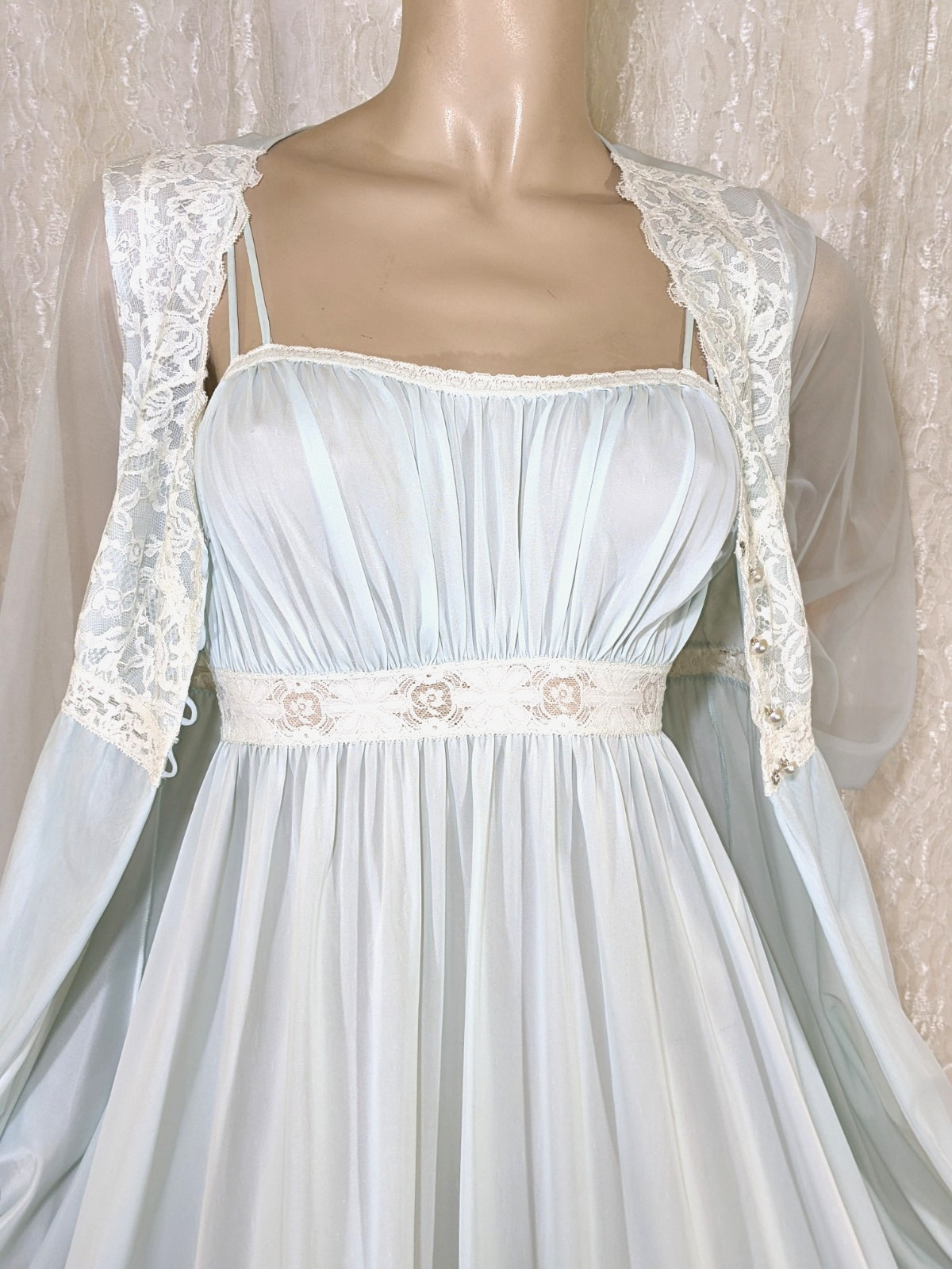 VTG Olga Stretch Full Sweep Lace Lingerie Nightgown Chiffon Peignoir Robe Set S