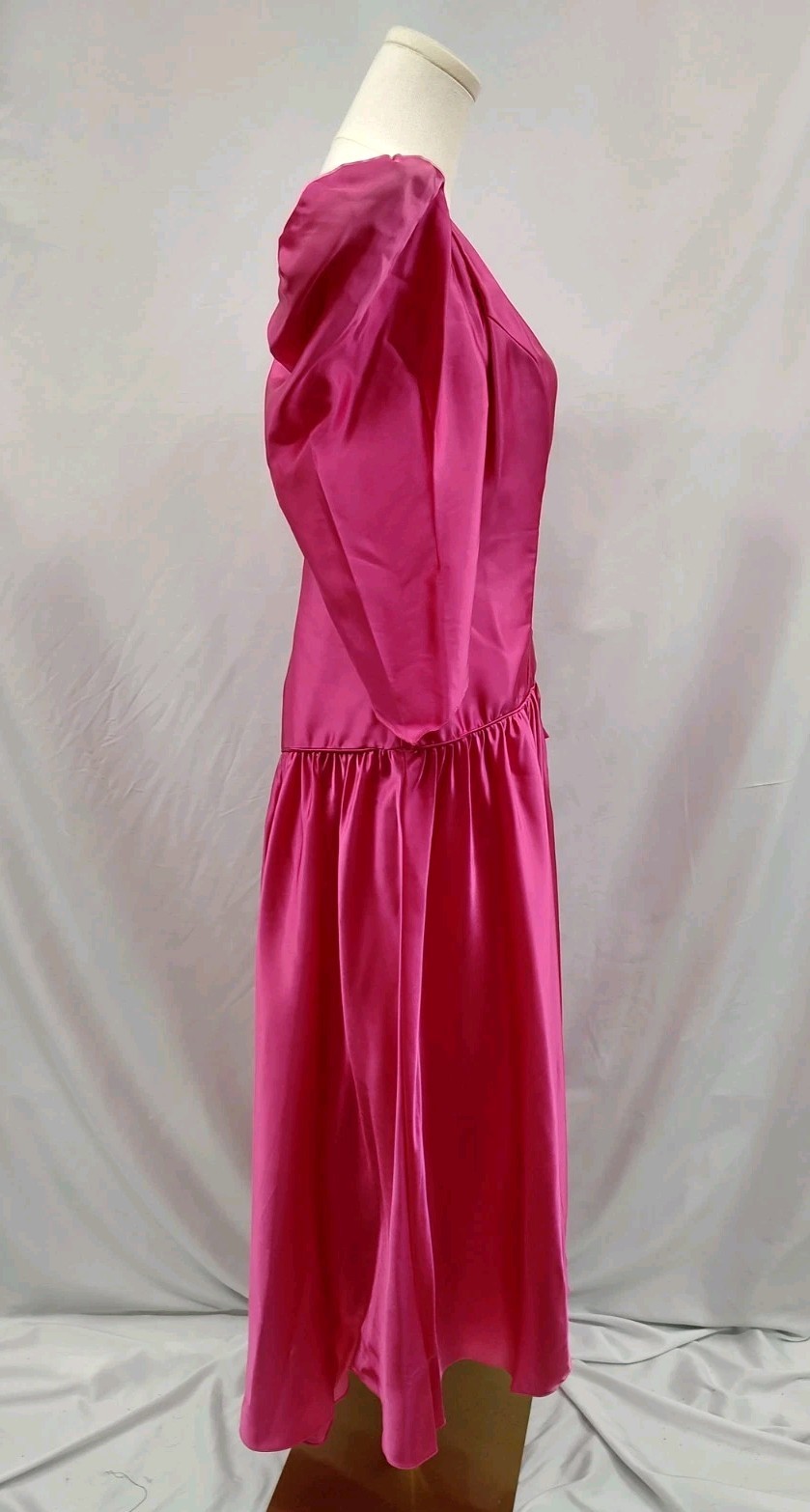 80&rsquo;s Vintage Dress Hot Pink Liquid Satin Shine Puff Sleeve Bow V Back Gown 13/14