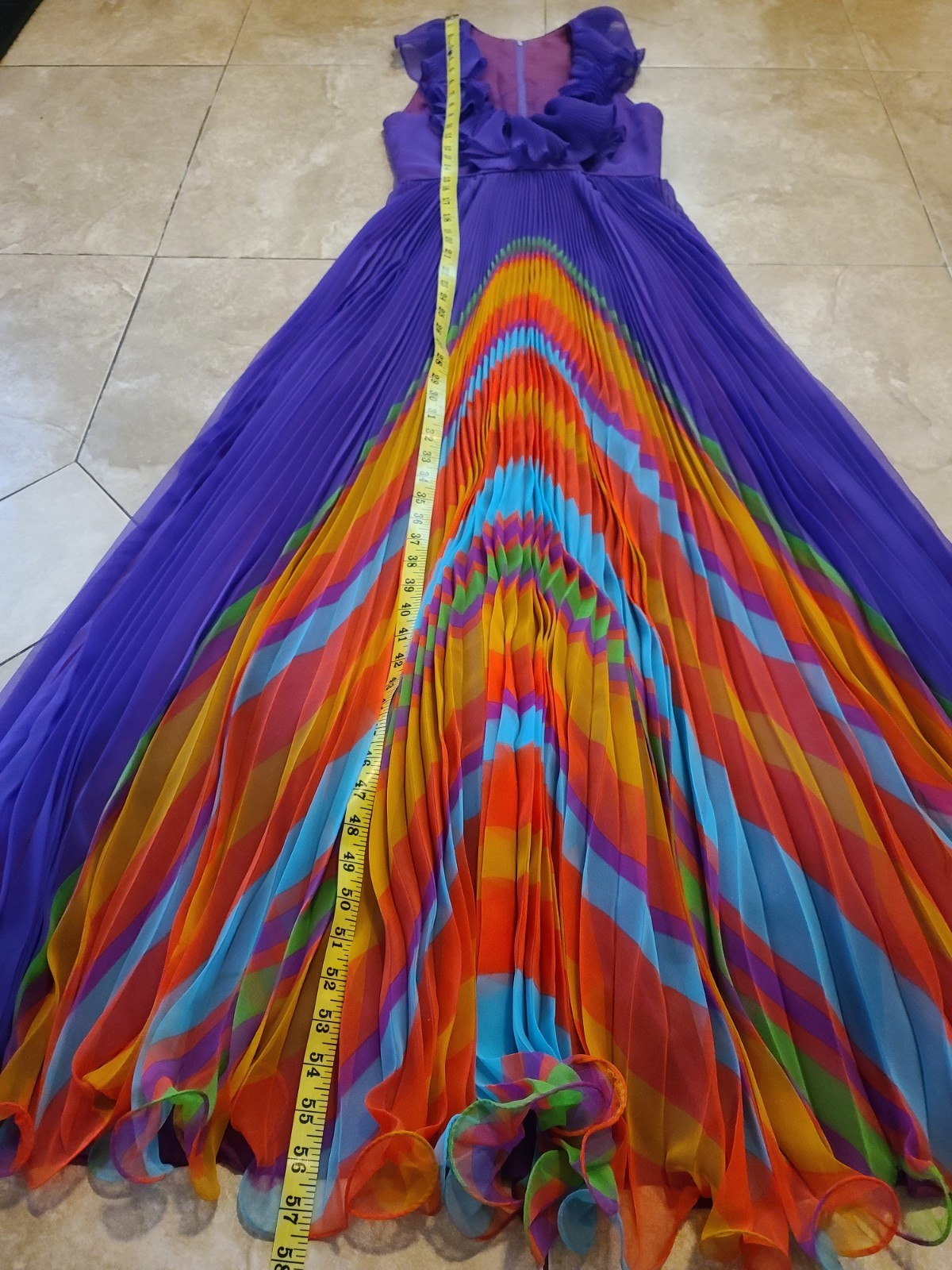 VTG Chiffon Pleated Rainbow Stripe Purple Maxi Dress Ruffle Collar V Neck UV Glo