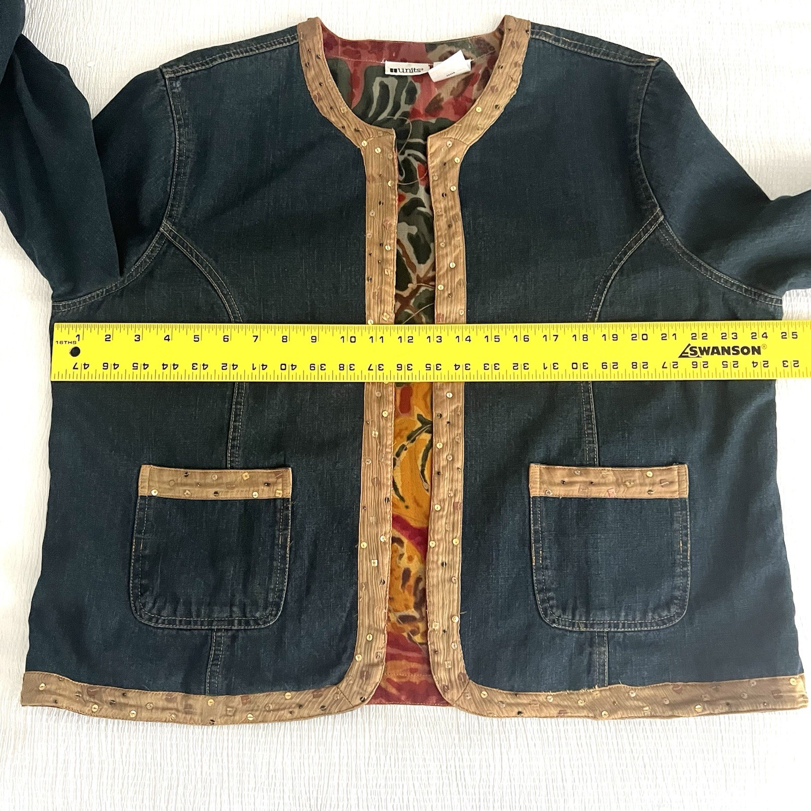 Vintage Units Denim Jacket Reversible Floral Art To Wear Sequins Womens XL FLAW