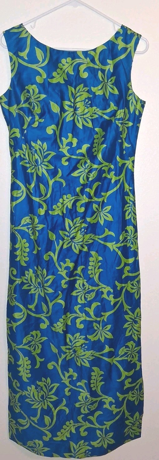 Vtg Made In HAWAII MAXI BLUE GREEN FLOWER Dress Sz XS/S? Bust 37
