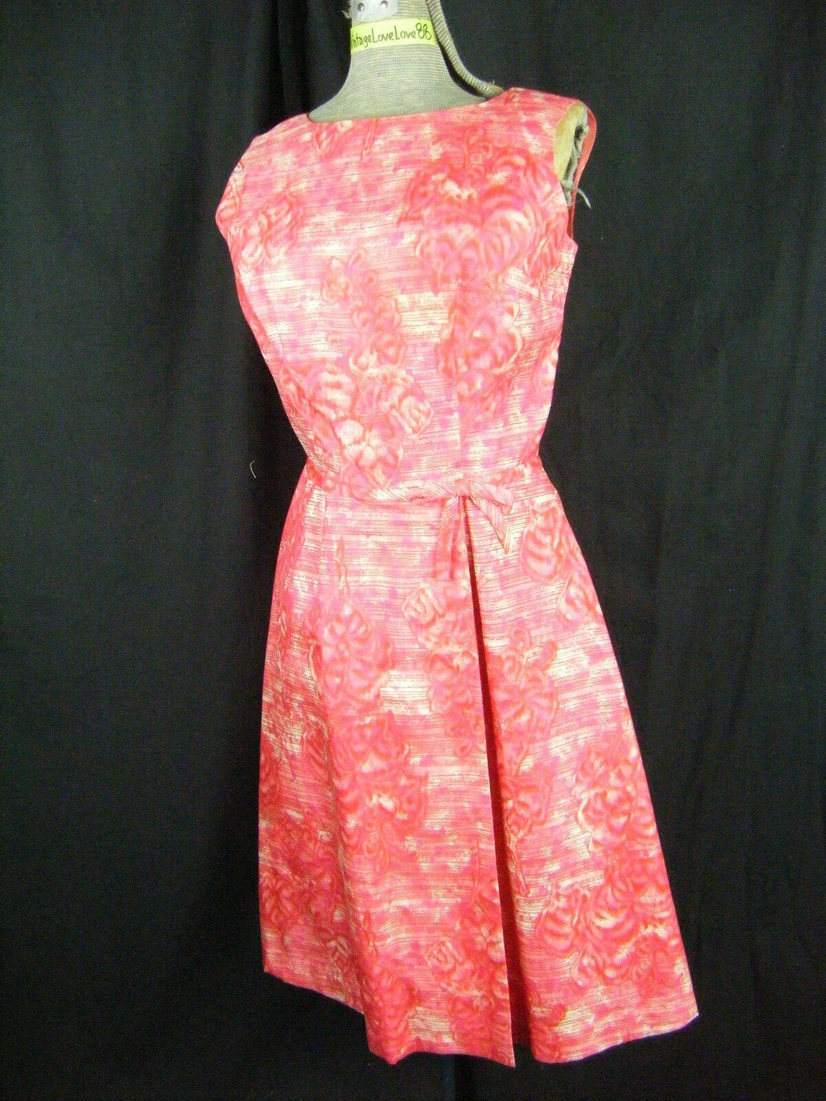 Vtg 50-60s Fuchsia Pink Red Silk Sleeveless Bow Dress-Bust 35/2XS-XS