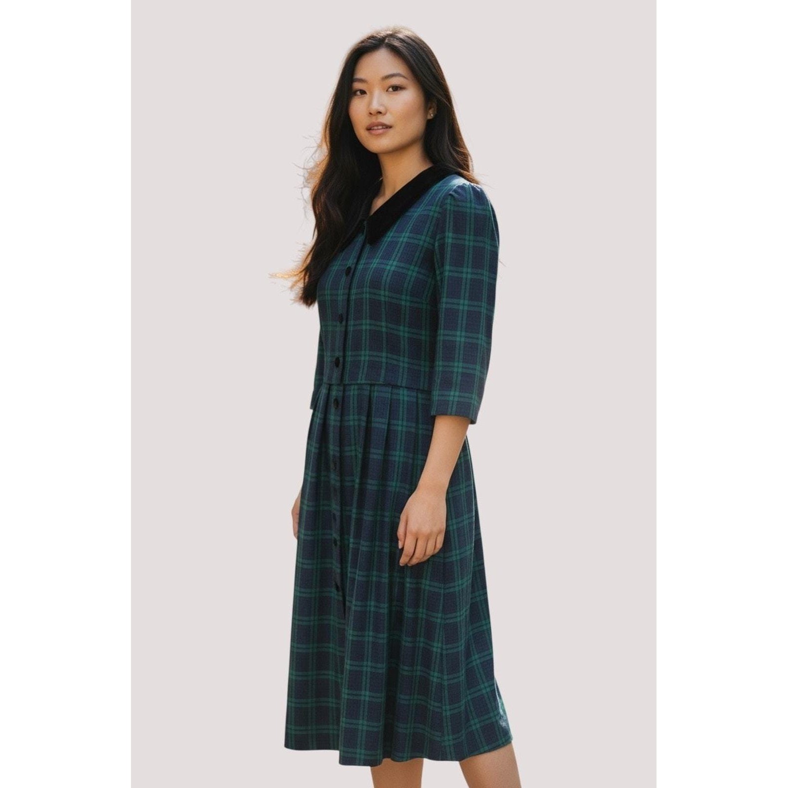 Vintage 80s Plaid Midi Dress Green Black Peter Pan Collar Dark Academia 14