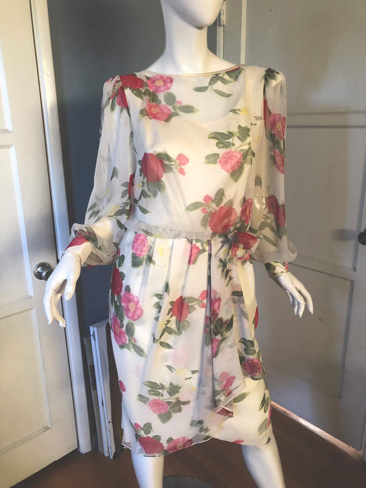 Vtg 80s Constance Saunders RICHARD WARREN Dress 6 Saks FLORAL Print CHIFFON TEA