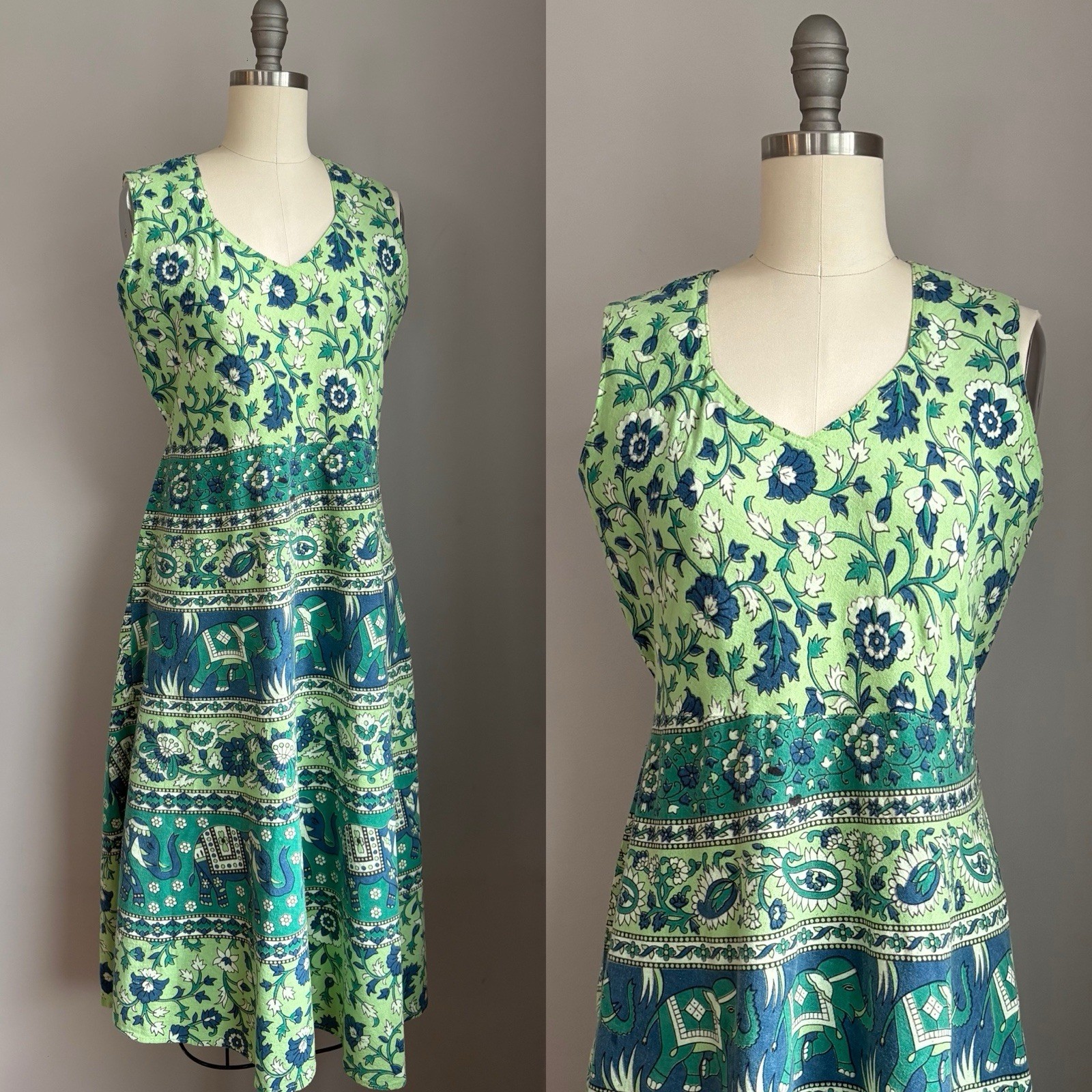 Vintage 1970’s Elephant, Donkey & Floral Cotton Block Print Sun Dress India S/M