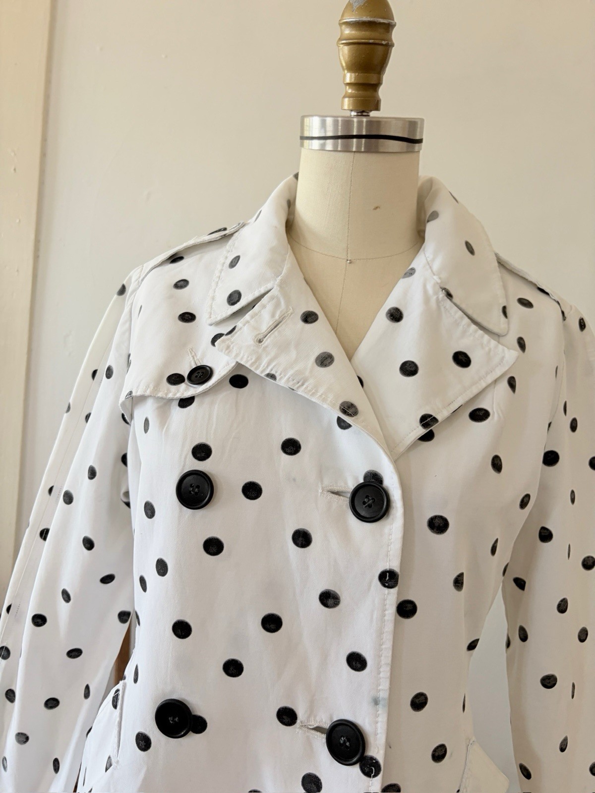 1960s Polka Dot Print Faille Trench Coat Double Breasted Jacket Jackie O 50s