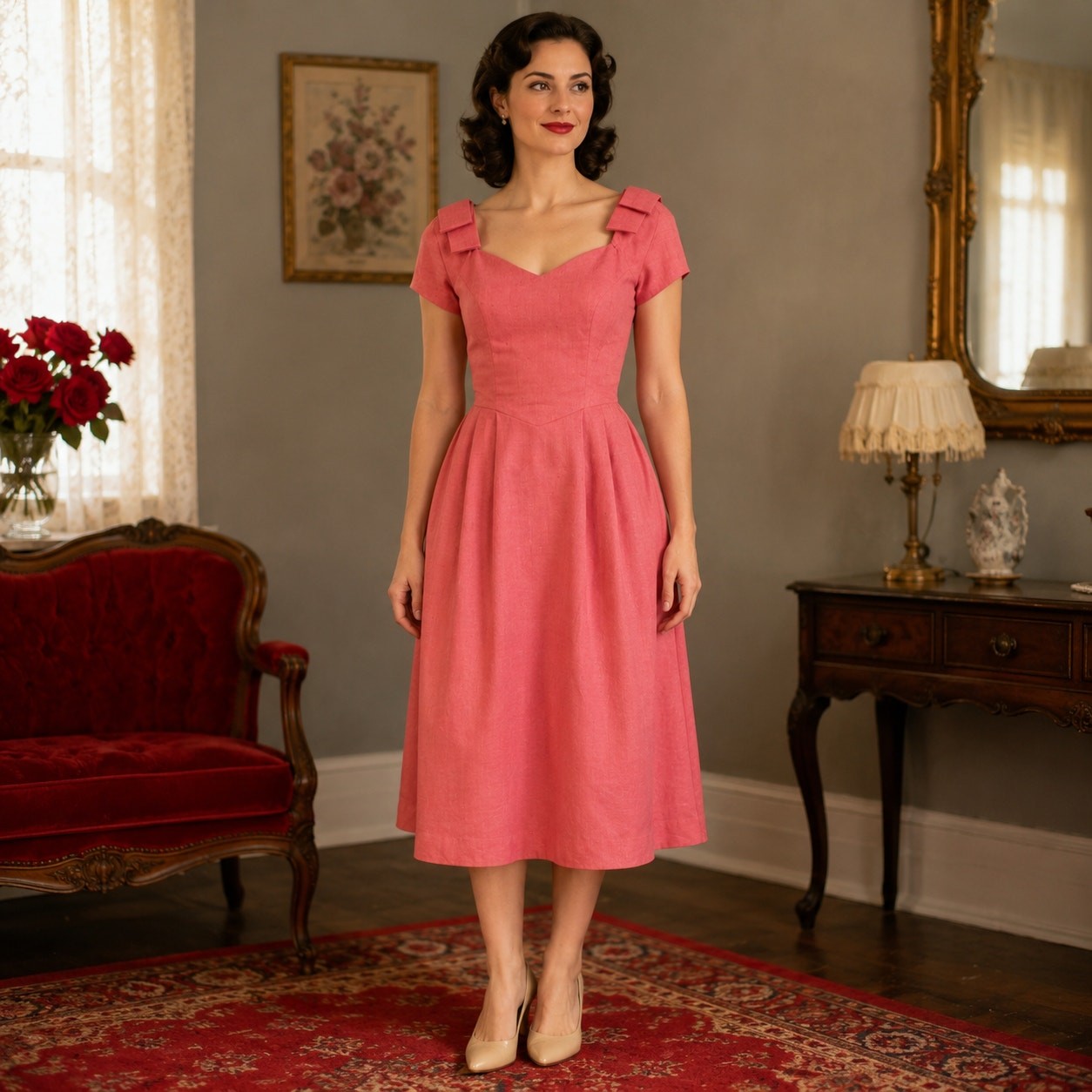 80s Vintage House of Bianchi Soft Red Midi Dress Sweetheart Bow Shoulder – M