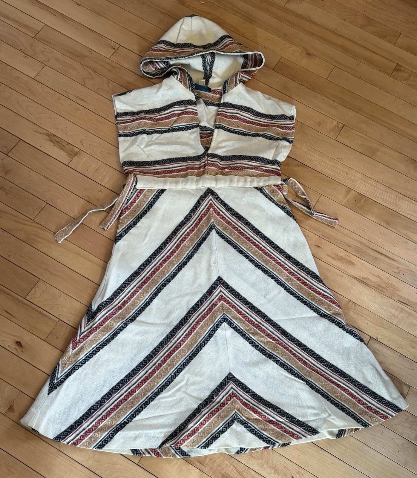 Vintage 70’s Hooded Sleeveless Dress Boho Woven Tie Festival Hippie Sz S Baja