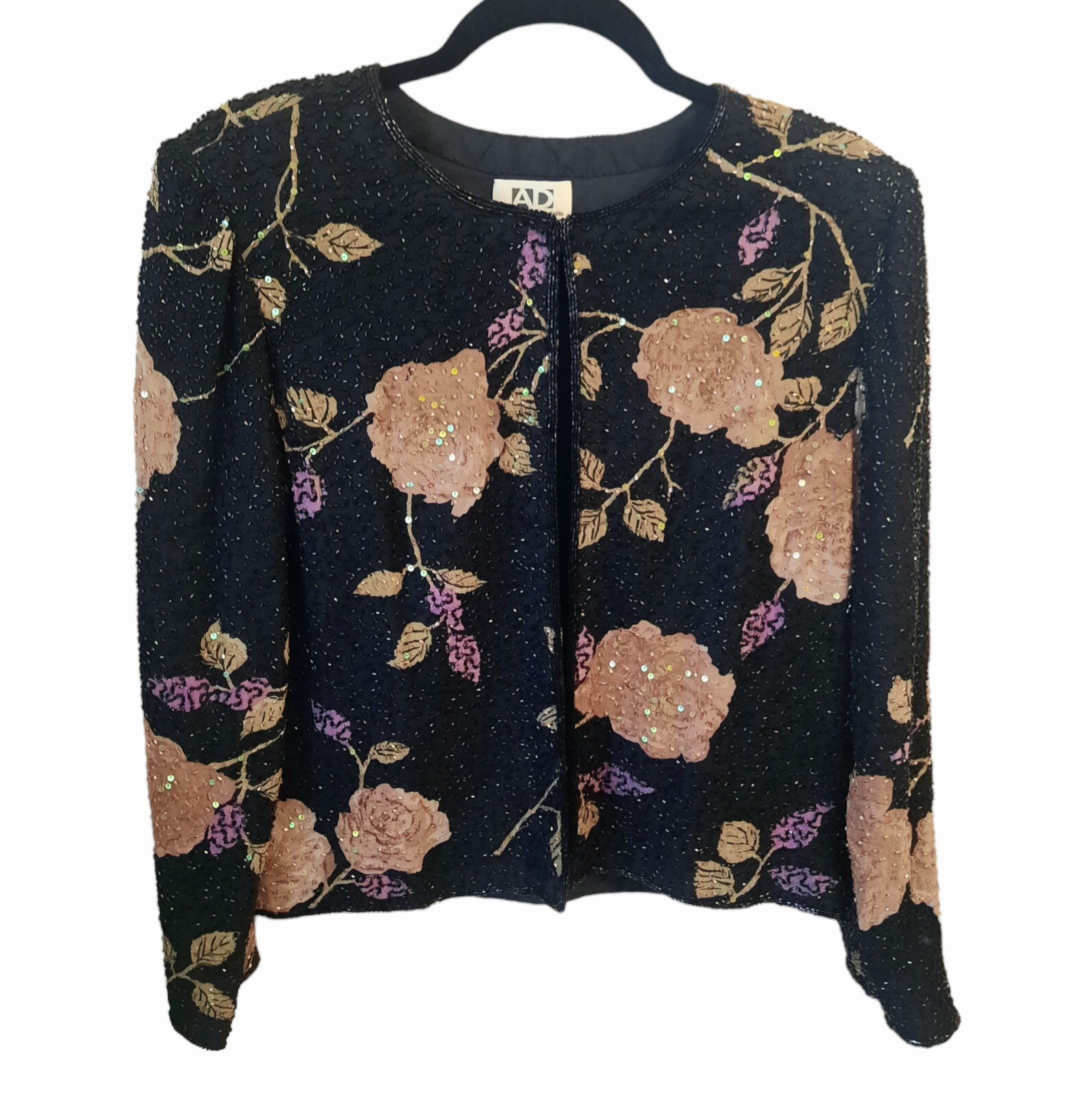 Vtg ANDRETTA DONATELLO Beaded Floral Print Silk Chiffon Jacket Sz M…