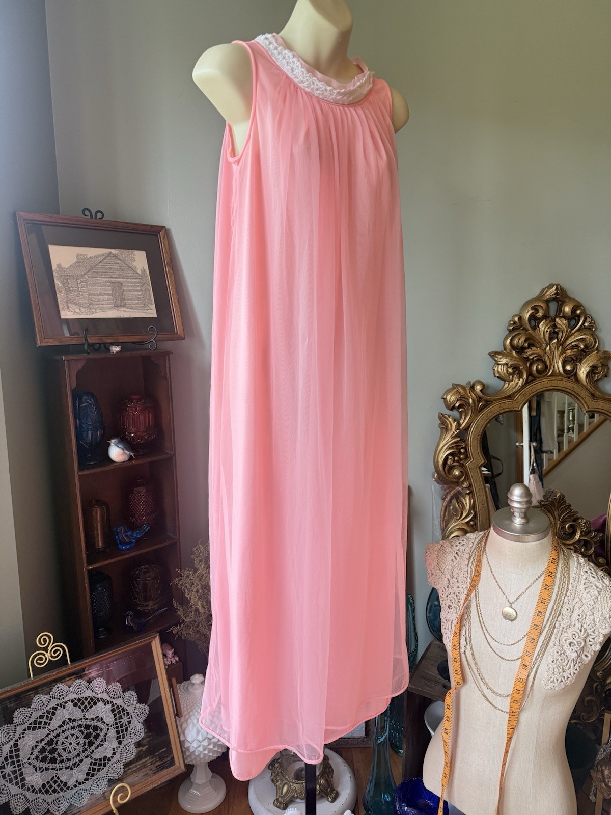 1960s PEACH CHIFFON OVER NYLON DUAL LAYER NEGLIGEE ROUND COLLAR LINGERIE *READ
