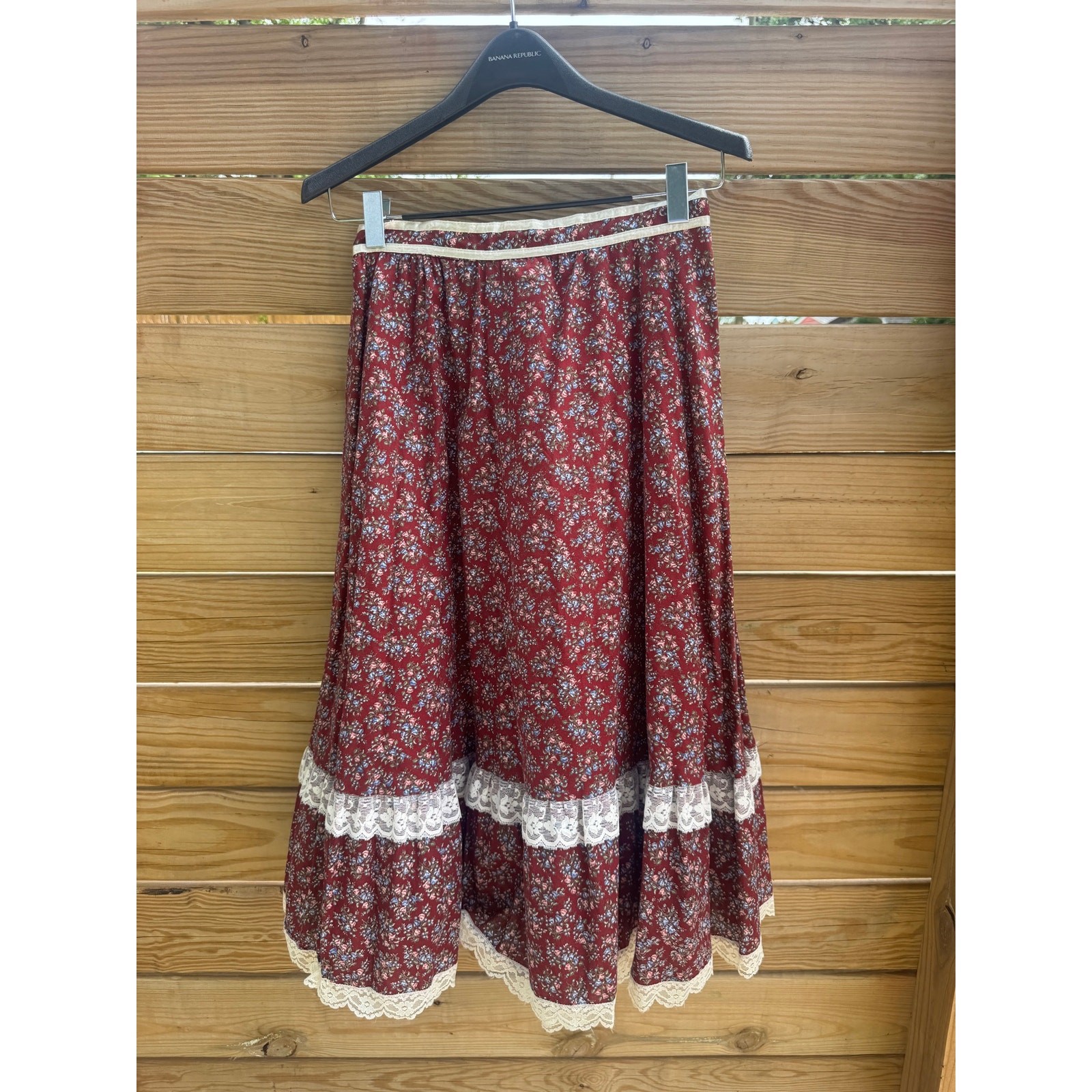 Vtg 1970s Gunne Sax Jessica’s Cottagecore Floral Prairie Midi Skirt Burgundy S