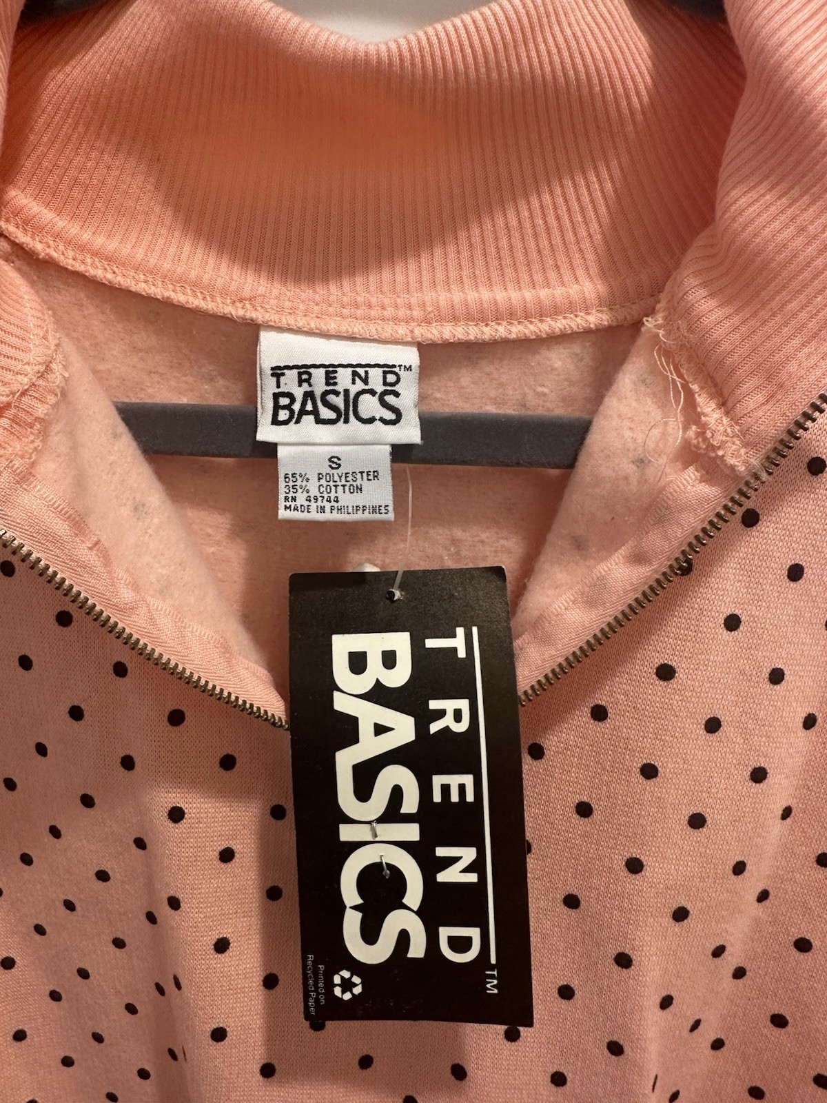 Vintage NWT Trend Basics Pink Black Polka Dot Pullover Sweatshirt 1/4 zip Small